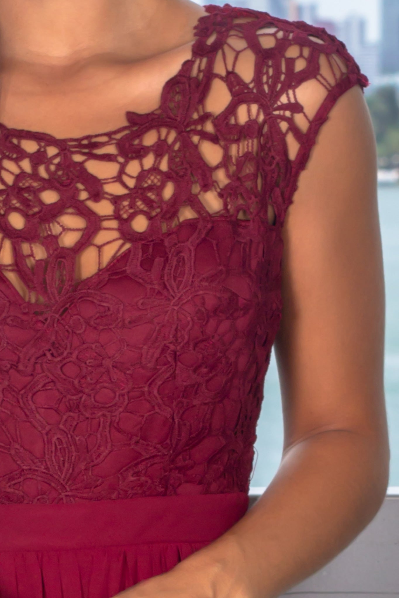 Elegant Burgundy Crochet and Tulle Back Women's Maxi Dress for Special Occasions