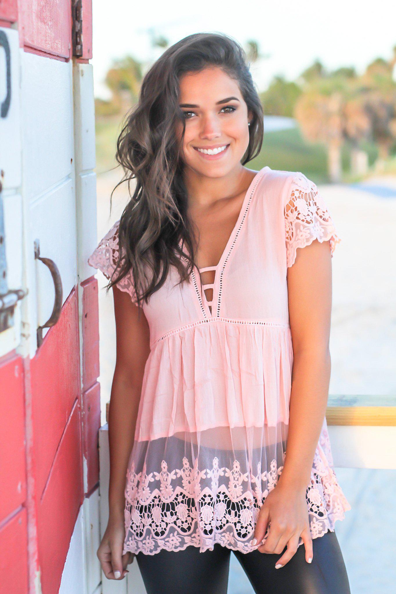 Adorable Blush V-Neck Crochet-Trimmed Top for a Feminine Look