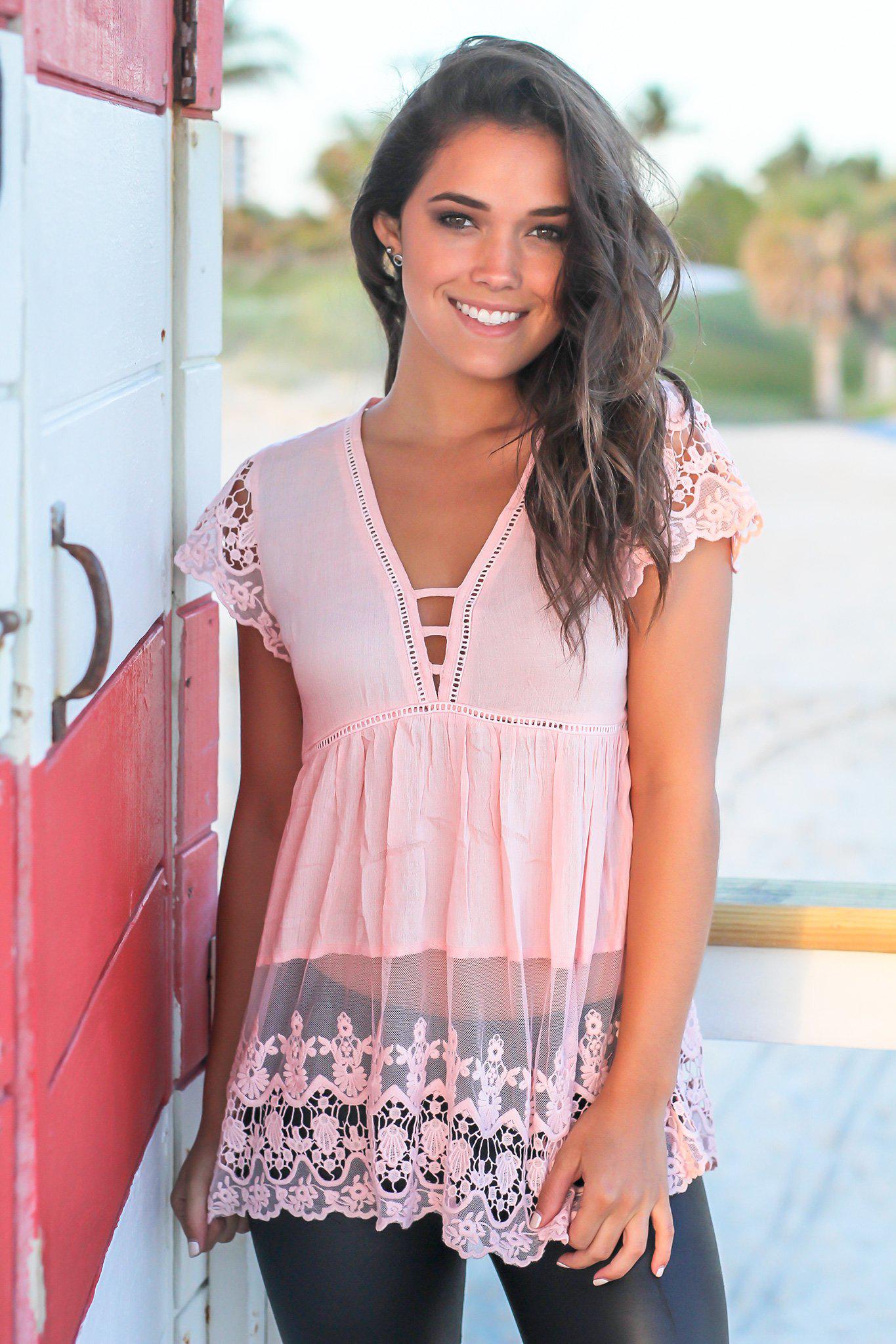 Adorable Blush V-Neck Crochet-Trimmed Top for a Feminine Look