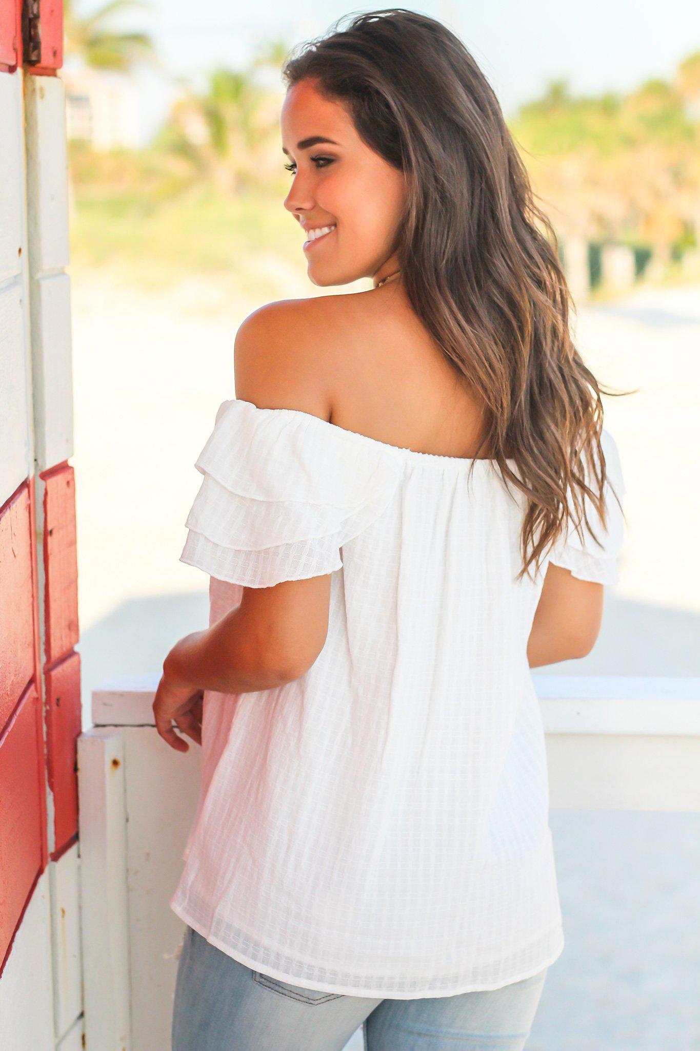 Stylish Ivory Off - Shoulder Cotton Top with Short Ruffled Sleeves