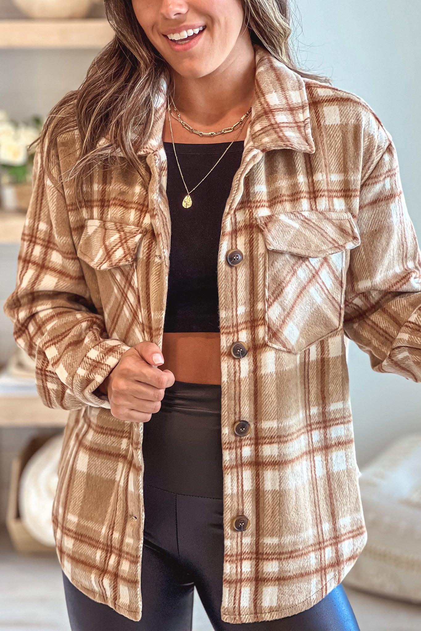 Adorable Camel-Colored Plaid Oversized Shacket for Winter