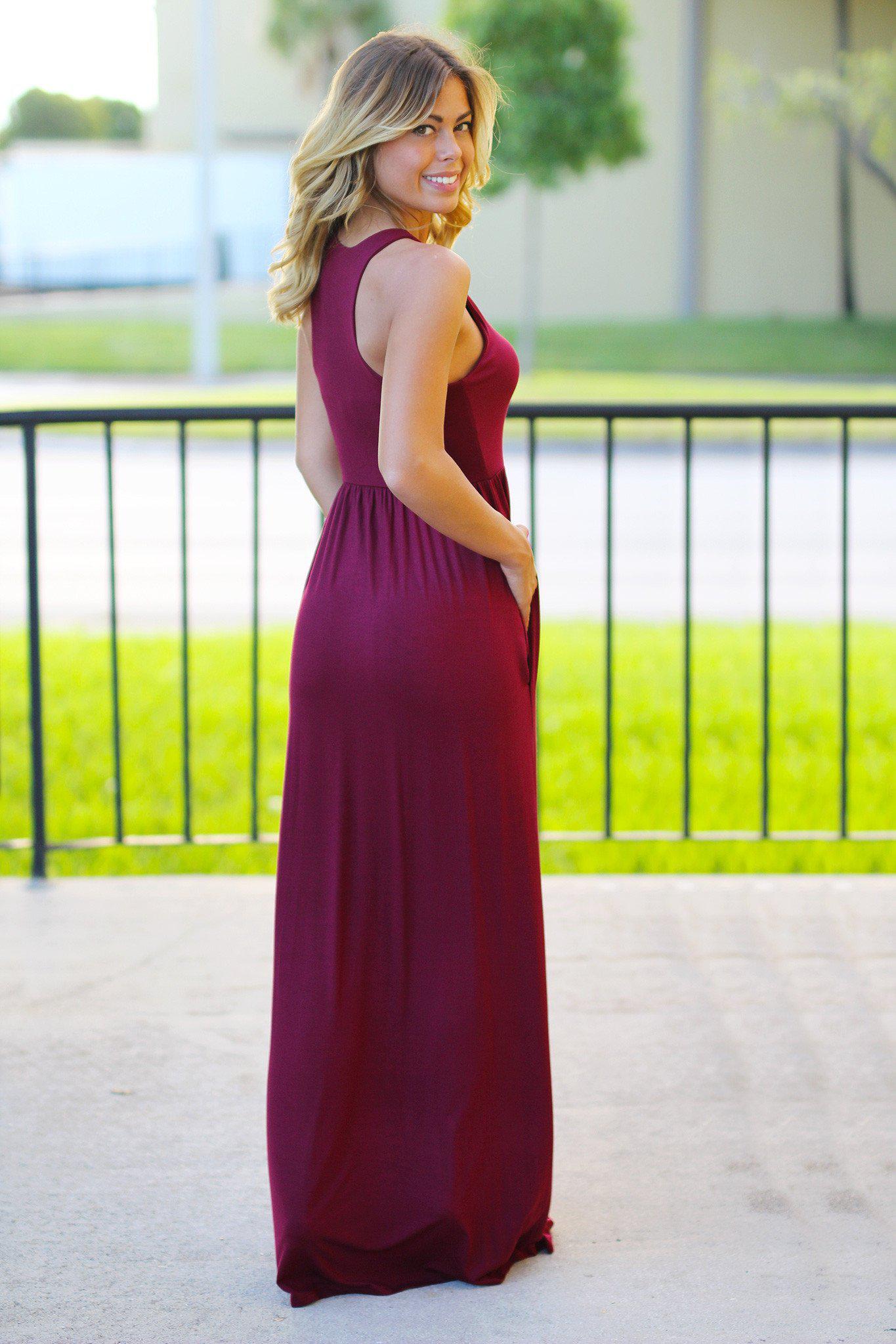 Stunning Burgundy Women's Maxi Dress with Functional Pockets