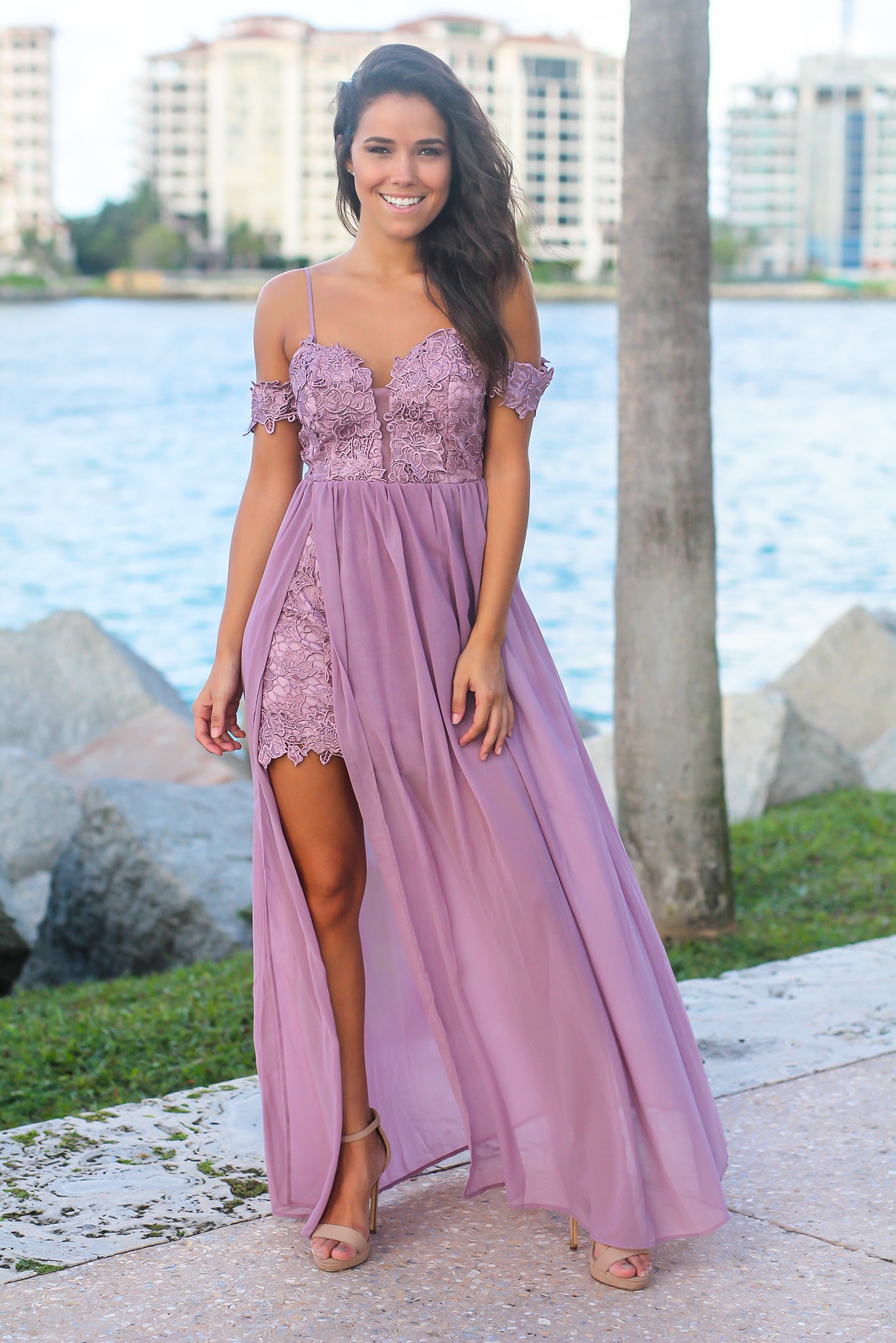 Elegant Mauve Crochet - Style Top Maxi Dress for Special Occasions