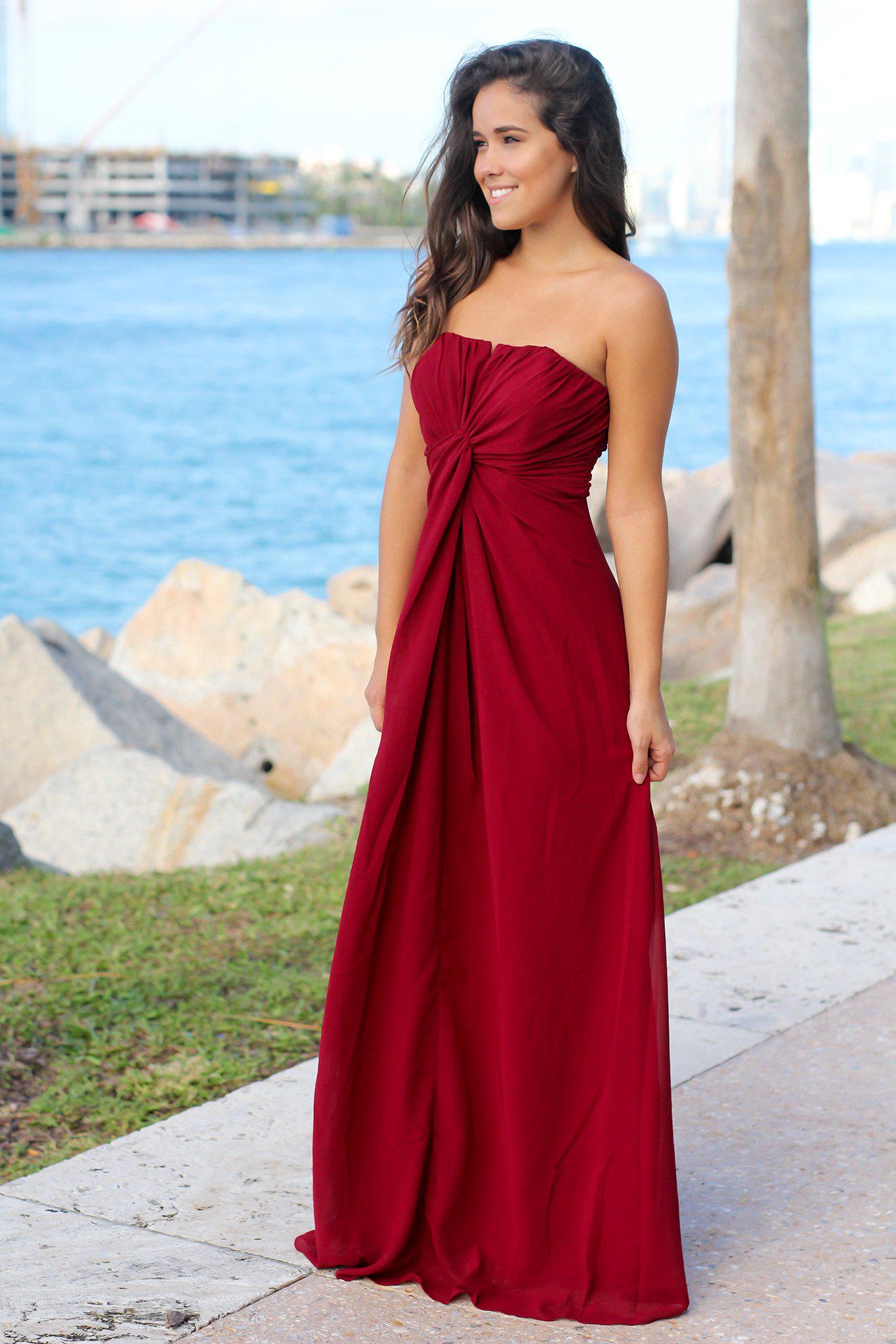 Gorgeous Burgundy Strapless Maxi Dress Featuring a Knot Detail