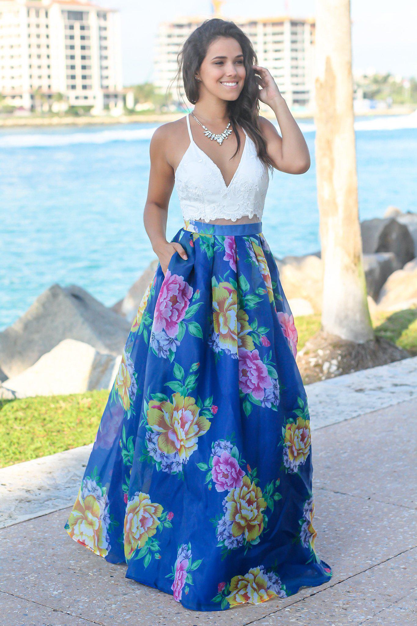 Gorgeous Ivory and Royal Blue Floral Long Maxi Formal Dress with Criss Cross Back Design