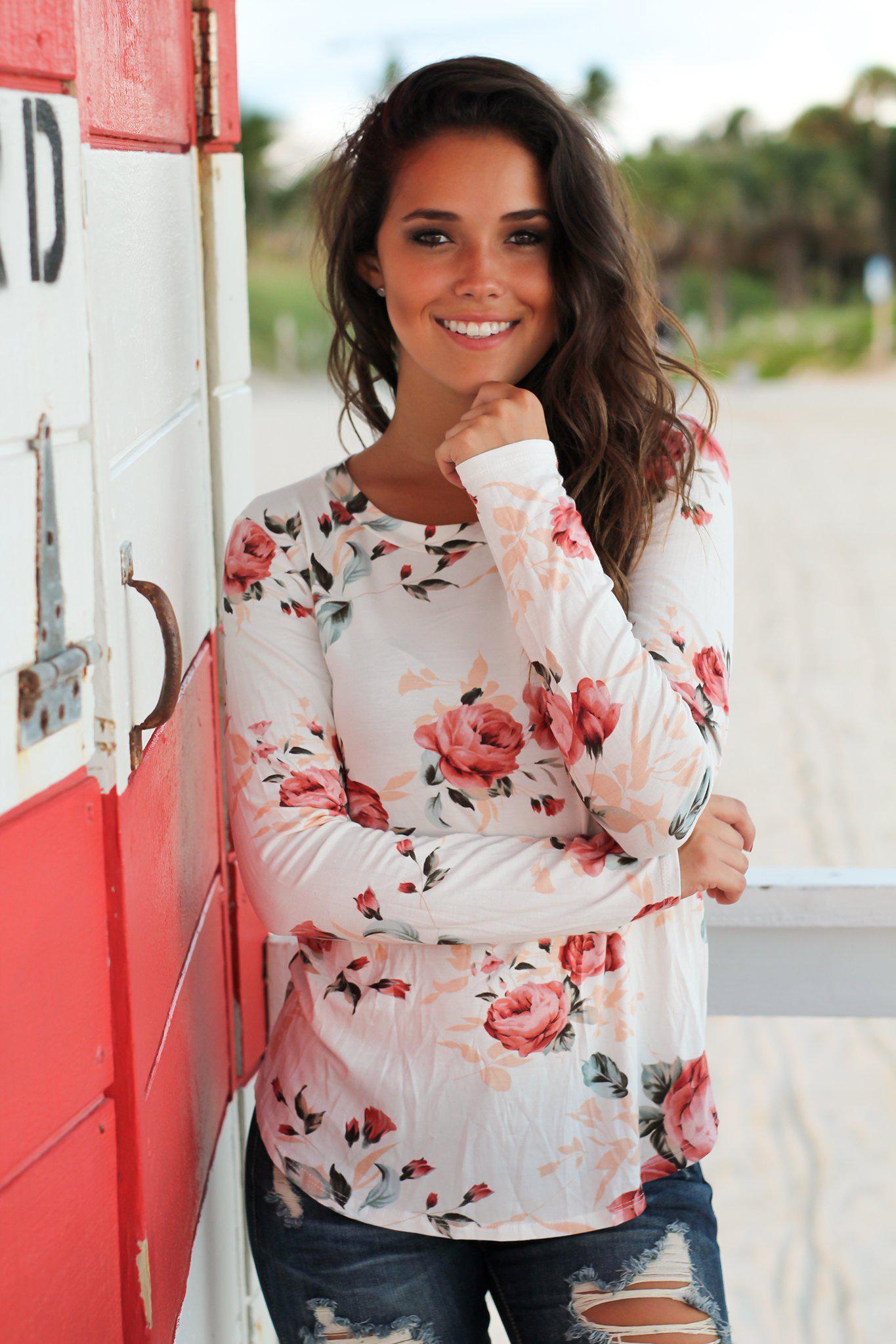 Elegant Ivory Floral Long Sleeve Women's Blouse Top