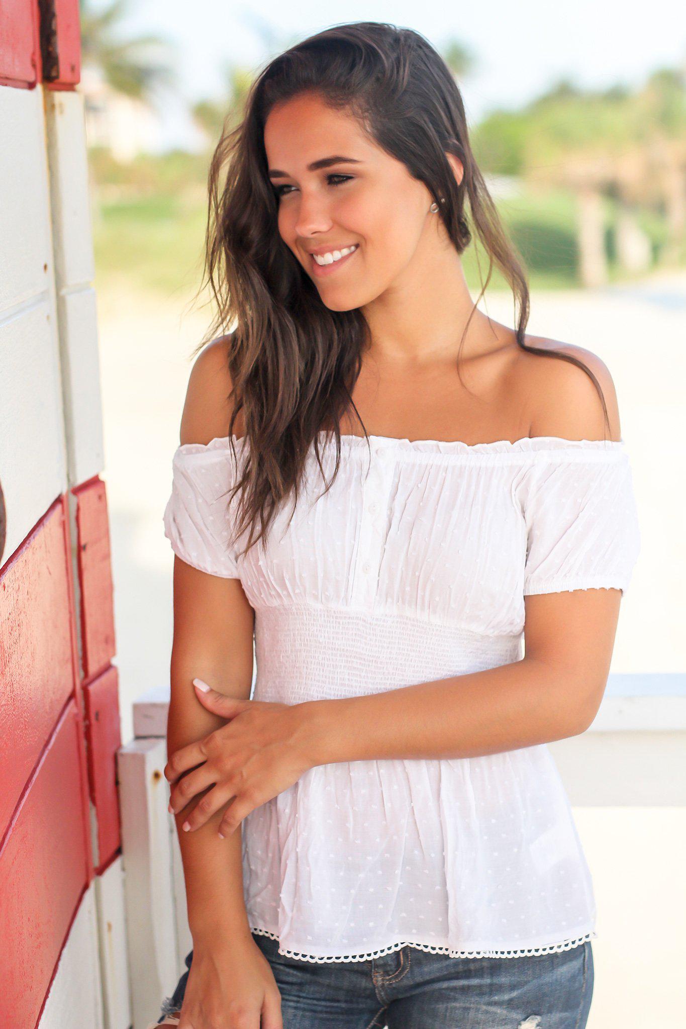 Charming Ivory Women's Off - Shoulder Crochet - Trimmed Rayon Top