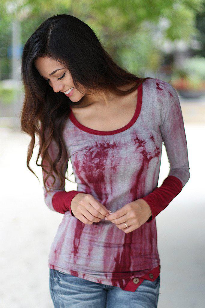 Stylish Burgundy Tie Dye Long Sleeve Asymmetrical Women's Top