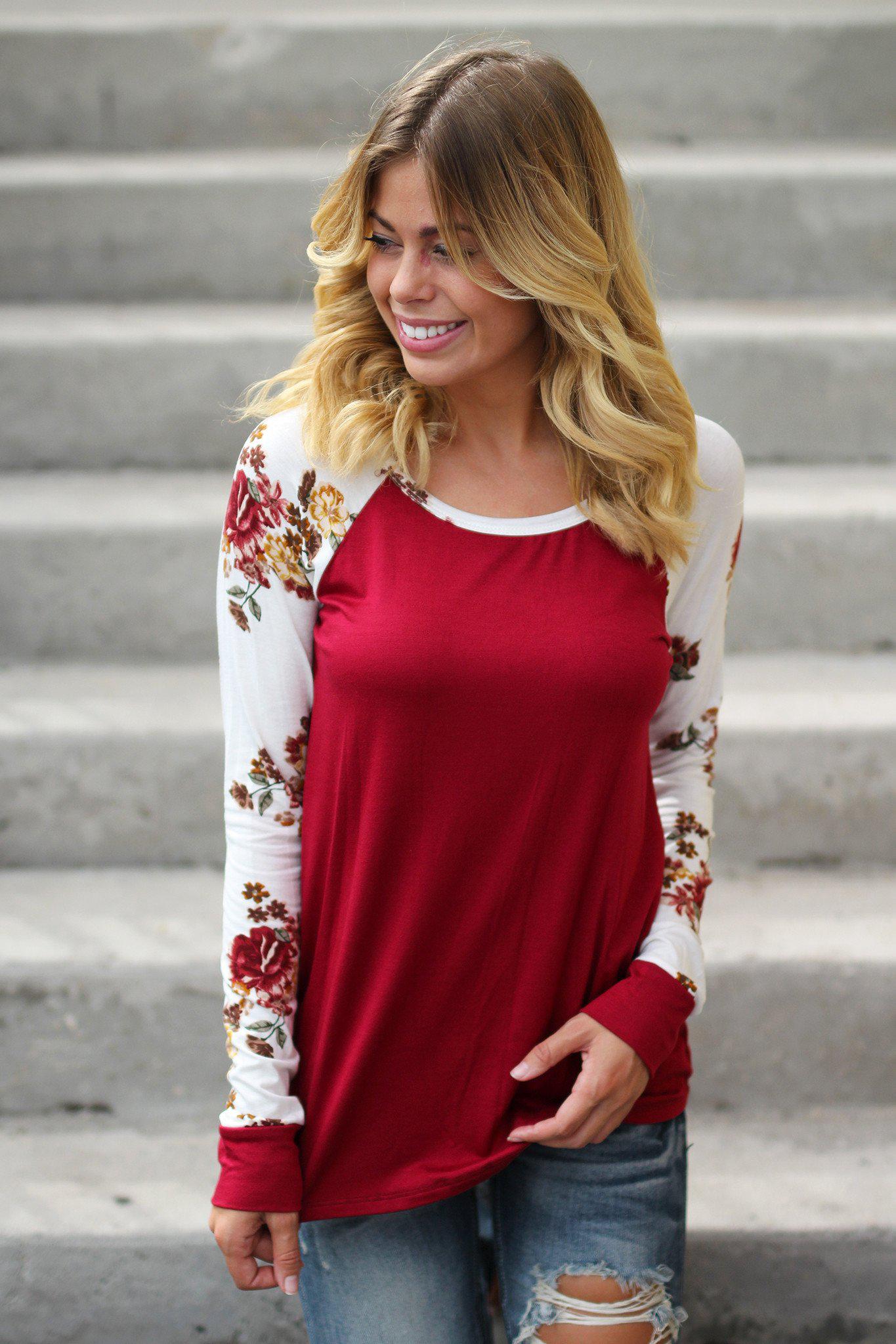 Stylish Women's Burgundy Casual Top Featuring Floral-Patterned Sleeves