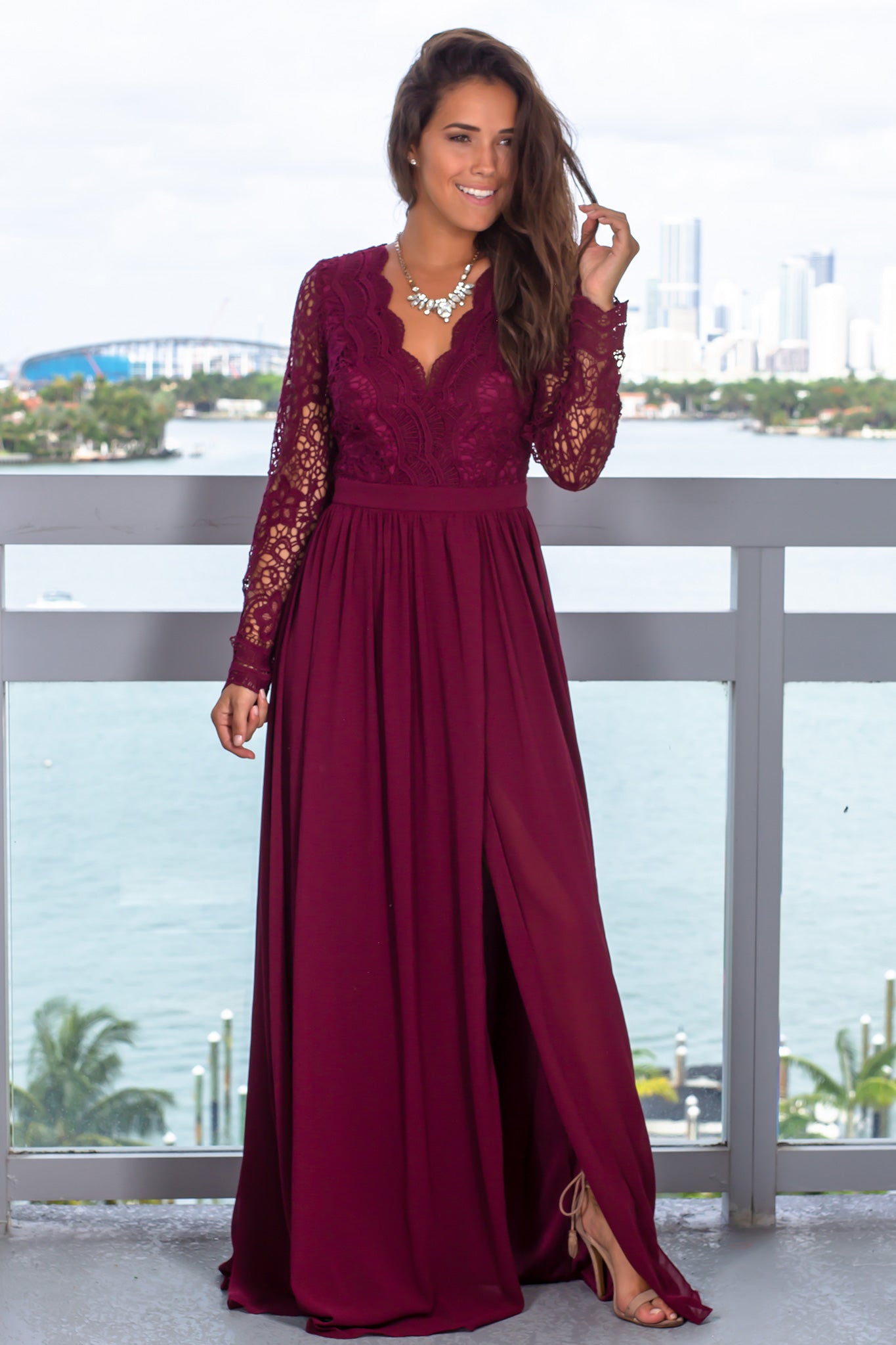 Stunning Burgundy Long - Sleeved Crochet Maxi Dress for Formal Events