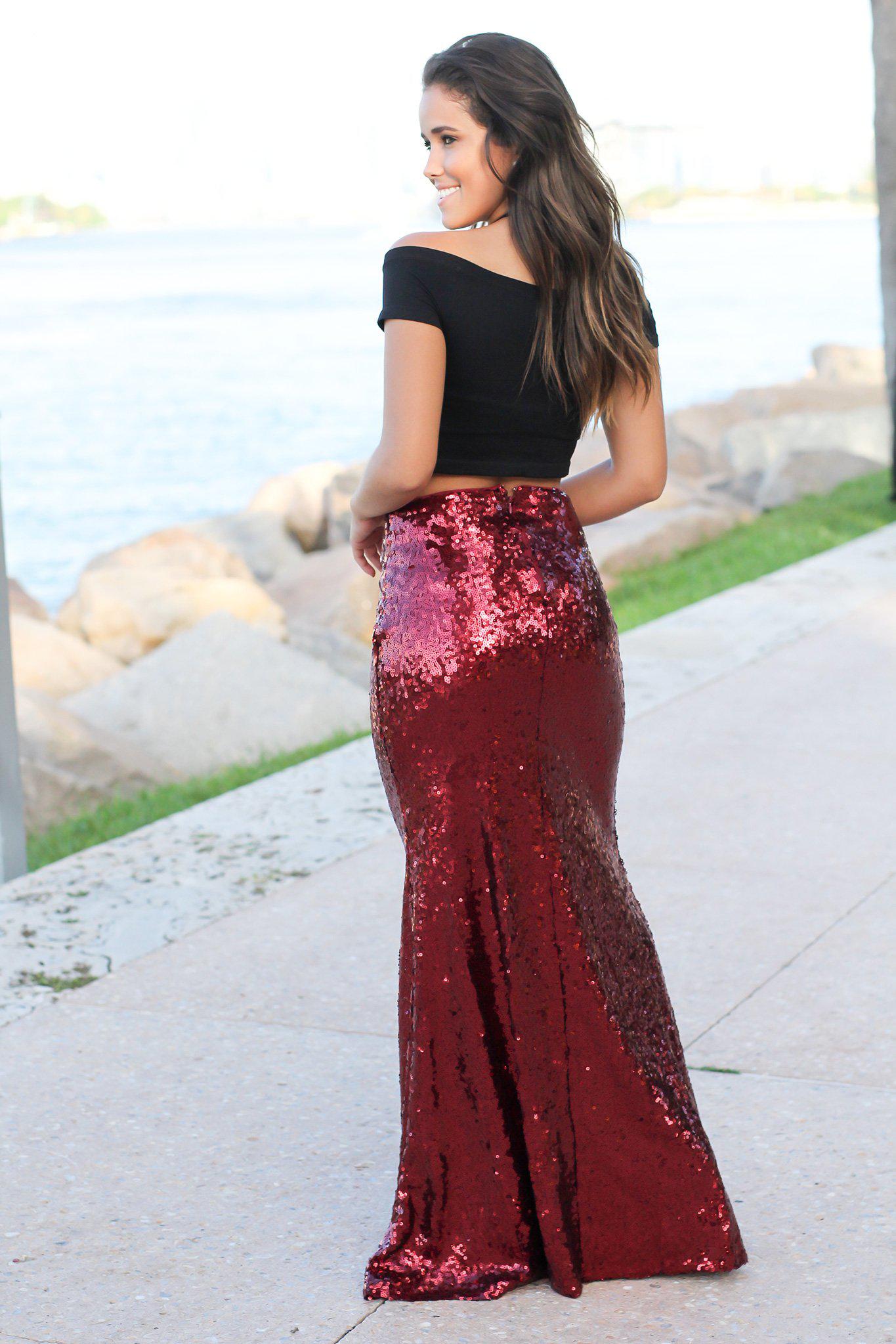 Gorgeous Burgundy Sequined Floor-Length Mermaid Maxi Skirt