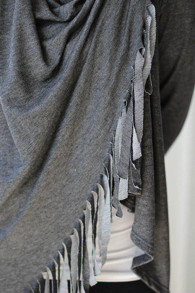 Charcoal Women's Fashion Fringe Wrap Style Long Sleeve Top