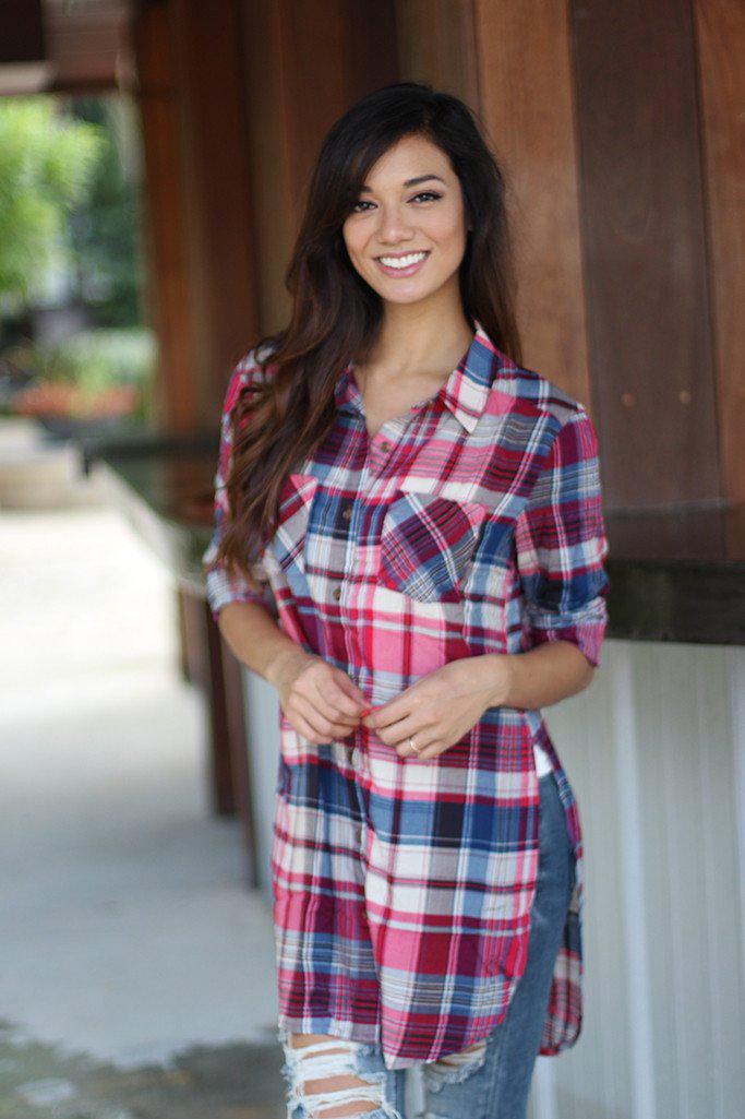 Fashionable Magenta Long Plaid Women's Top