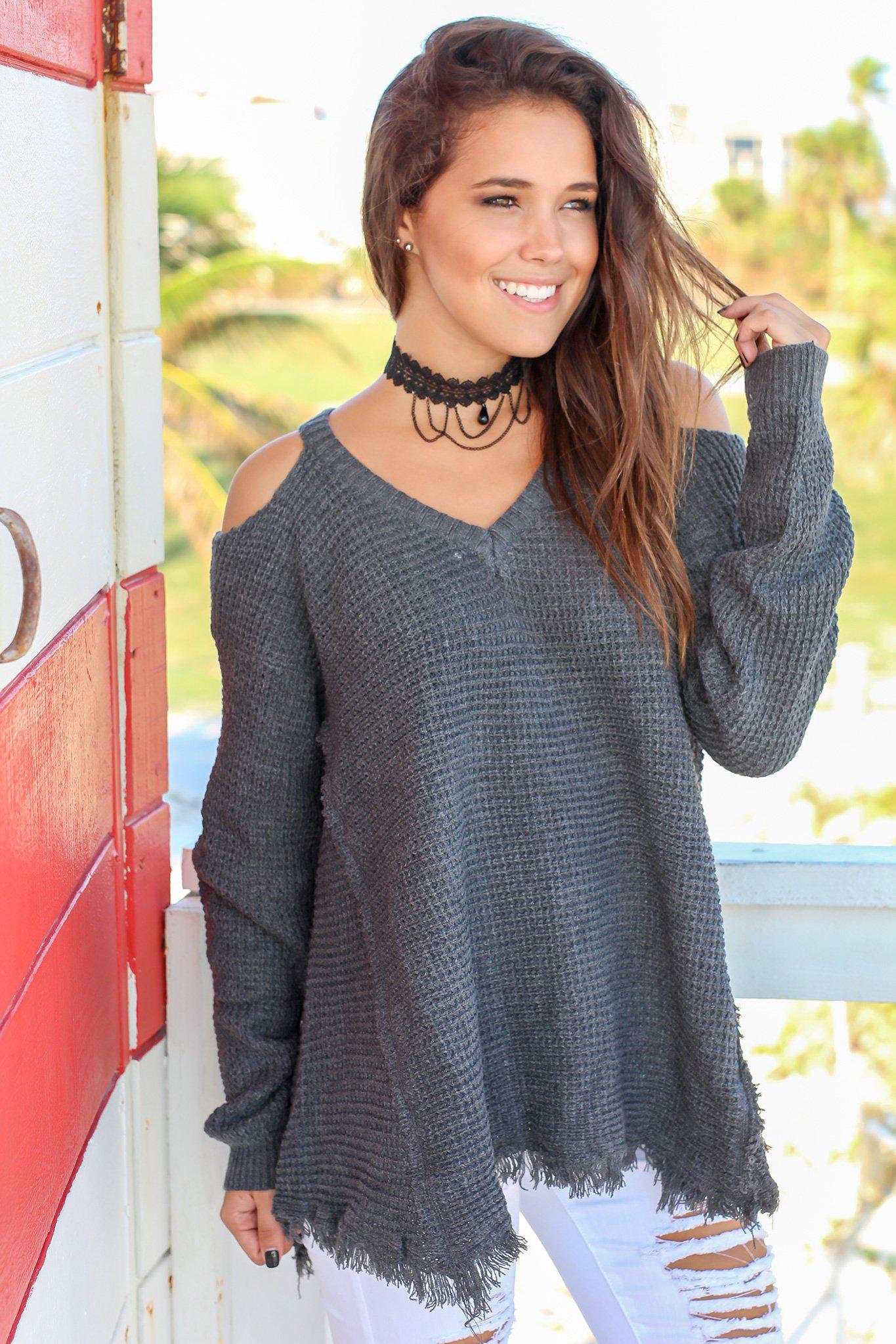Charcoal Colored Knit Women's Cold Shoulder Casual Sweater for Everyday Wear