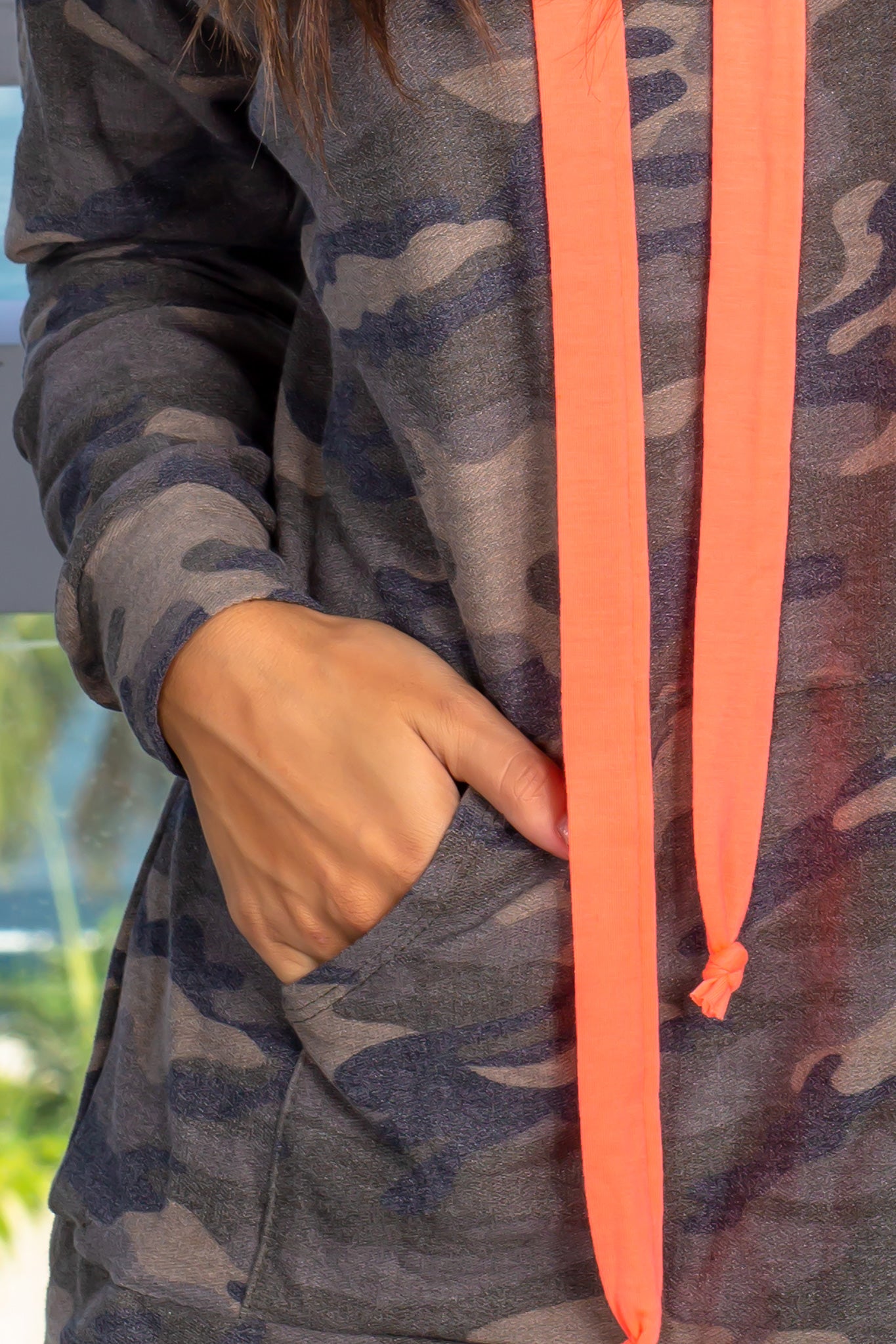 Stylish Camo Hoodie with Vibrant Neon Coral Pullstrings for Fall