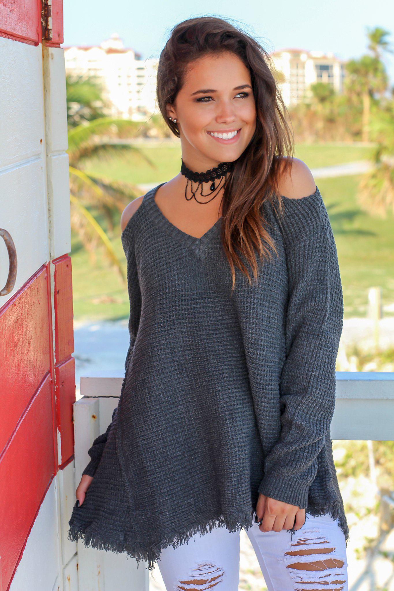 Charcoal Colored Knit Women's Cold Shoulder Casual Sweater for Everyday Wear