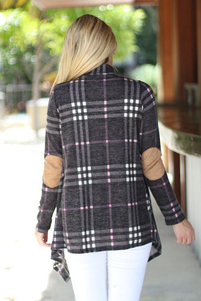 Stylish Charcoal Plaid Long - Sleeve Loose - Fit Open Cardigan