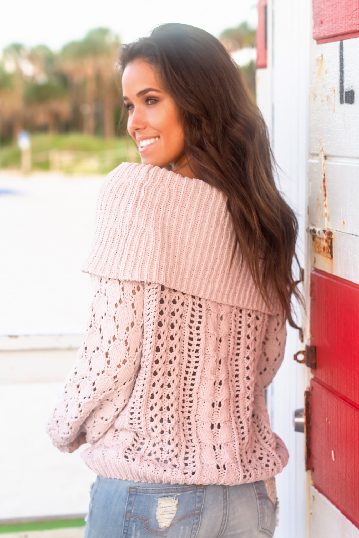 Stylish Light Mauve Oversized Off Shoulder Knit Polyester Sweater