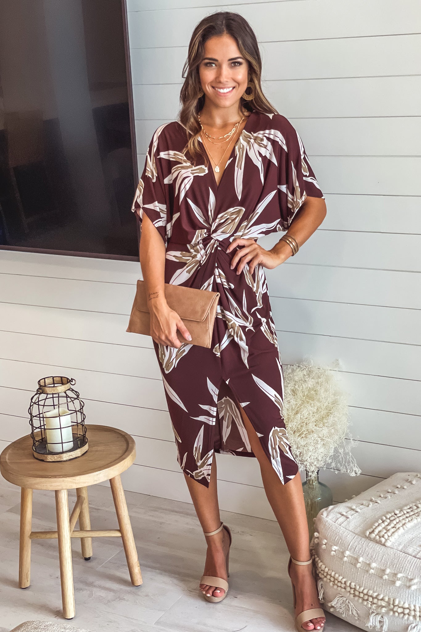 Stylish Brown Floral Printed Midi Dress with Front Knot Design