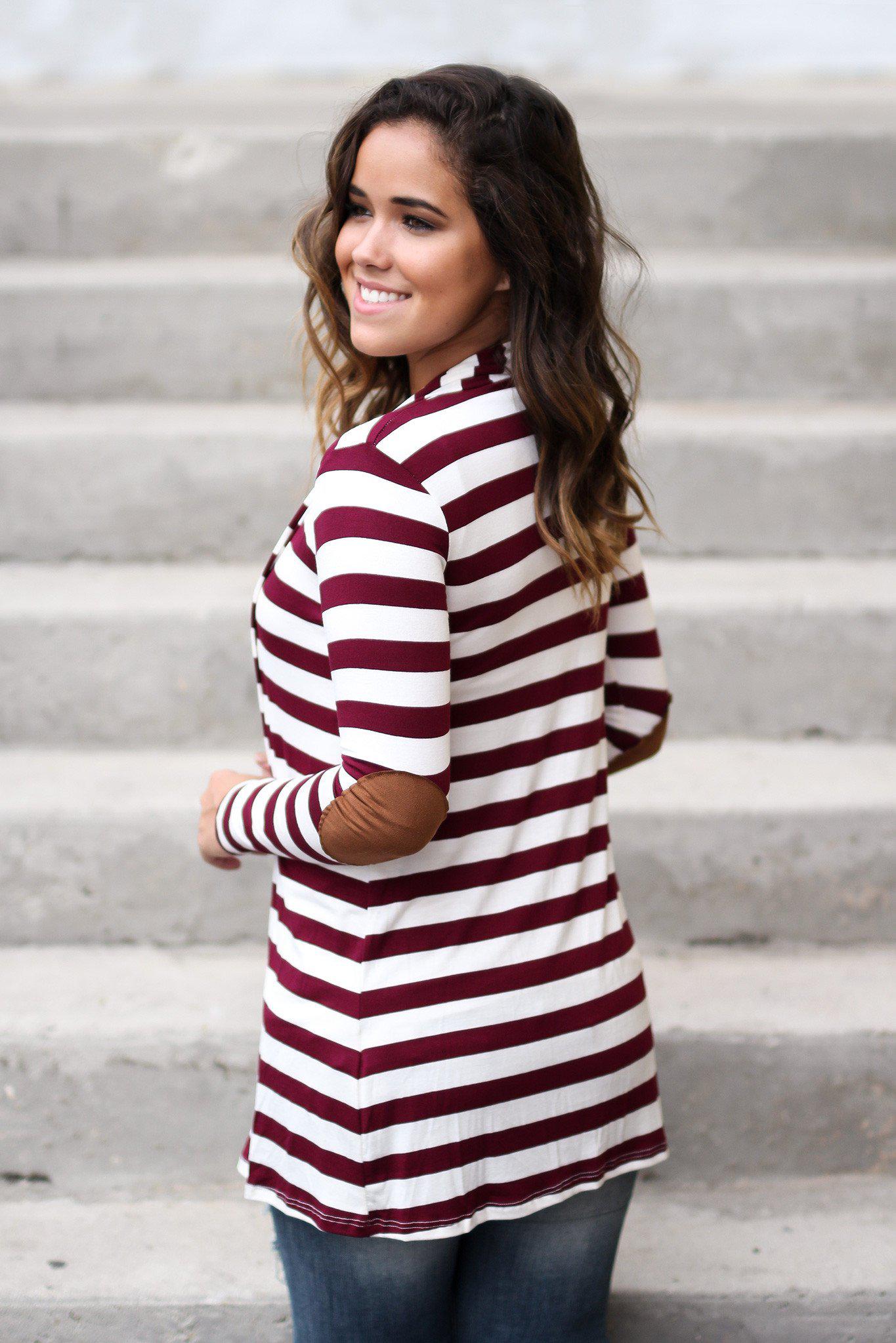 Stylish Fall Burgundy and White Striped Cardigan with Tan Elbow Patches