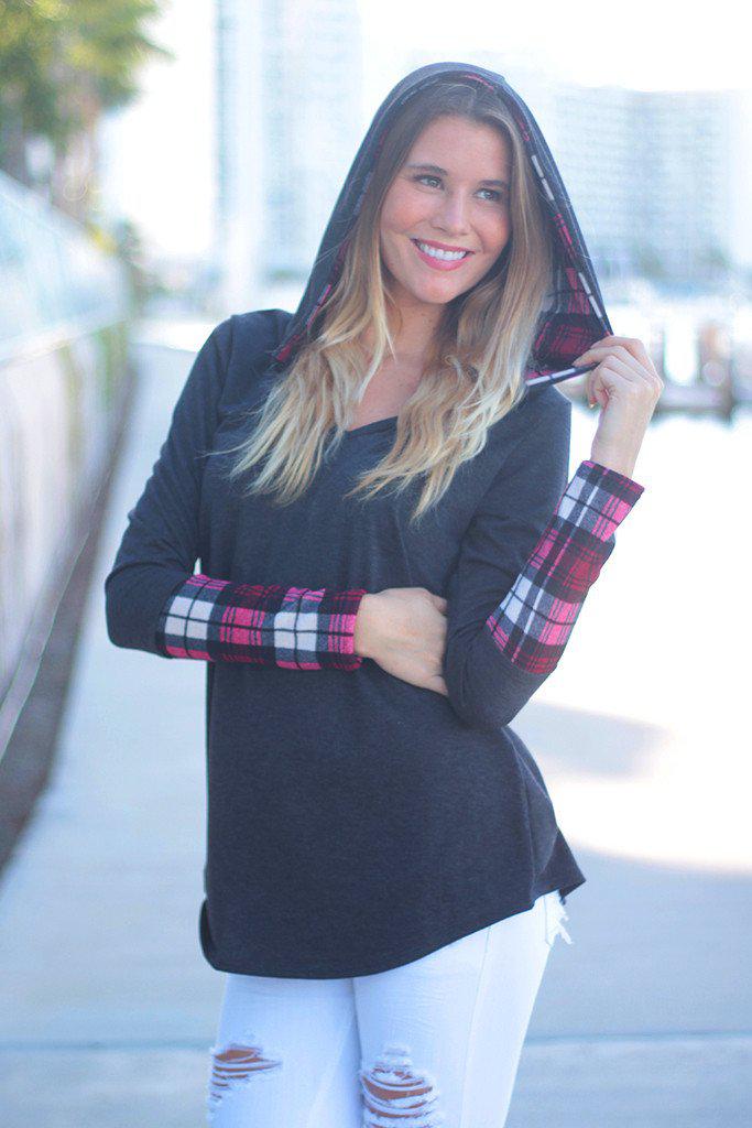 Stylish Charcoal and Plaid Patterned Hooded Women's Tunic for Fall and Winter