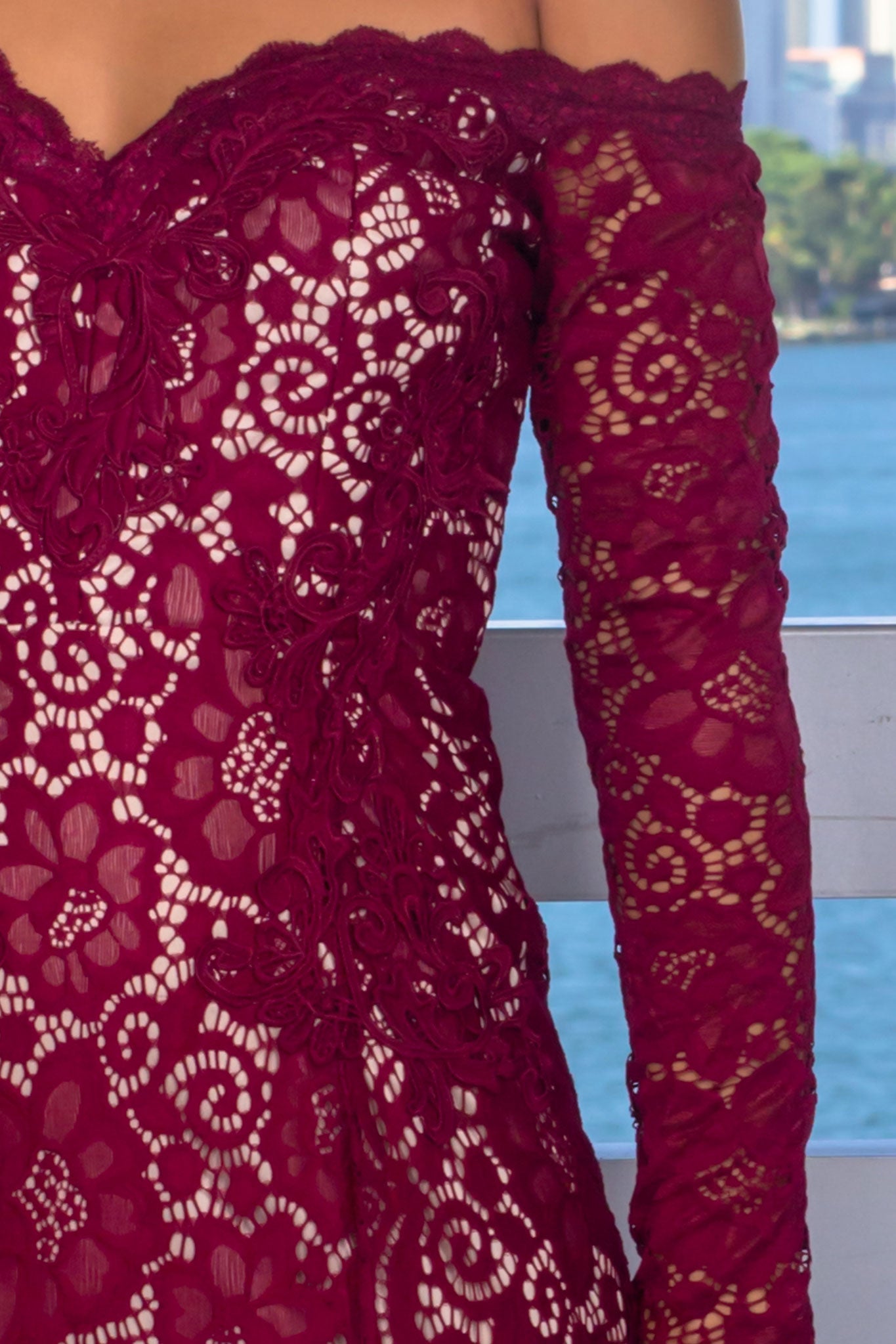 Stylish Burgundy Crochet Off - Shoulder Stretch Maxi Dress for Special Occasions
