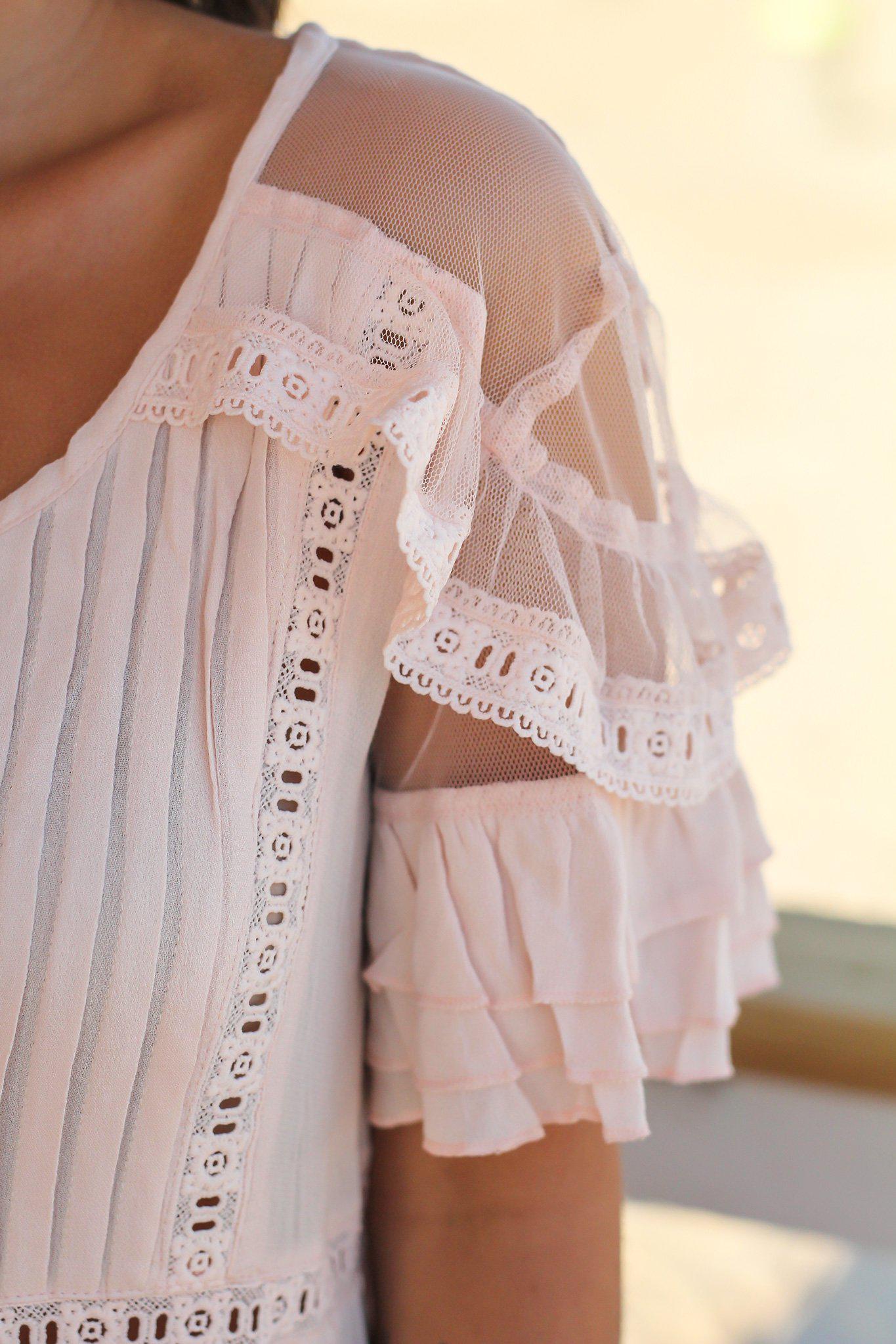 Stylish Blush Women's Fashion Top with Front Pleats and Mesh Design Details