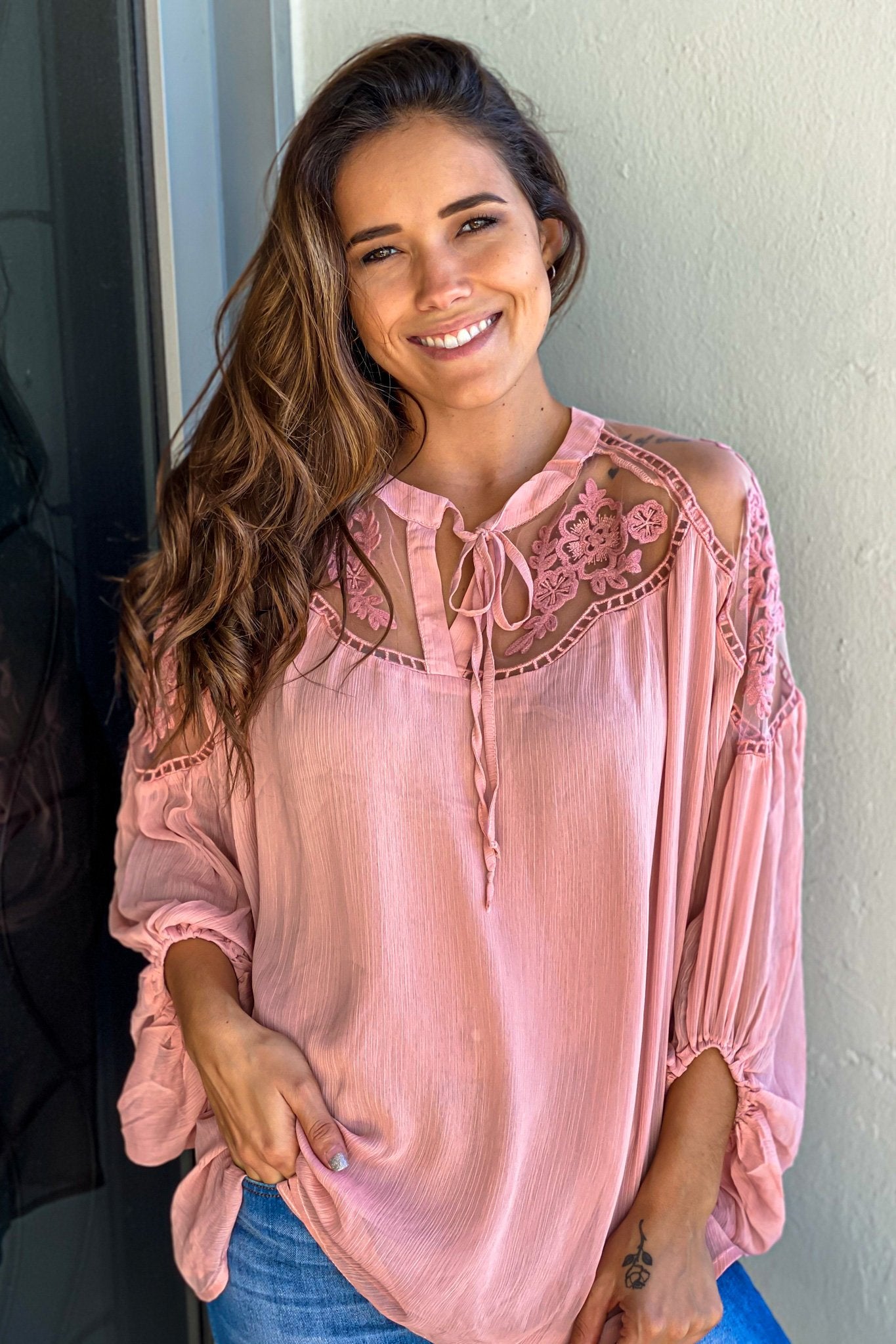 Fall-Friendly Blush Sheer Crochet Neck Long Sleeve Top