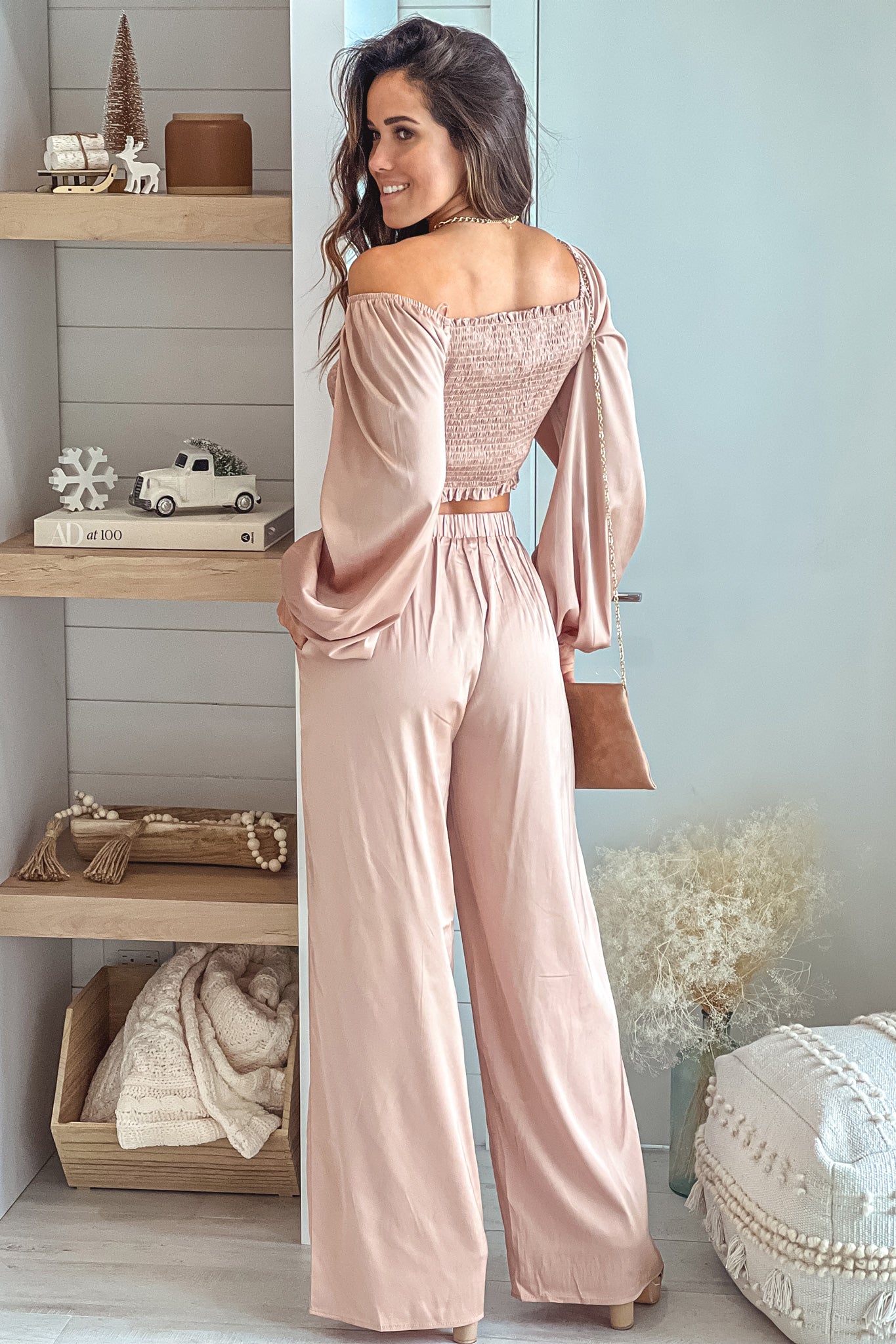 Stylish Champagne Satin Smocked Crop Top and Wide-Leg Pants Fashion Set
