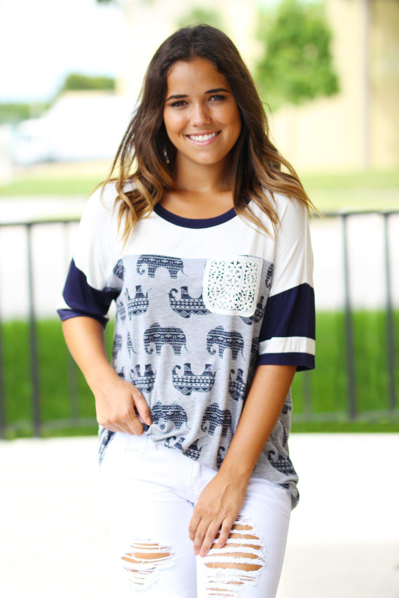 Charming Ivory Elephant Crochet Pocket Top for Casual Outings