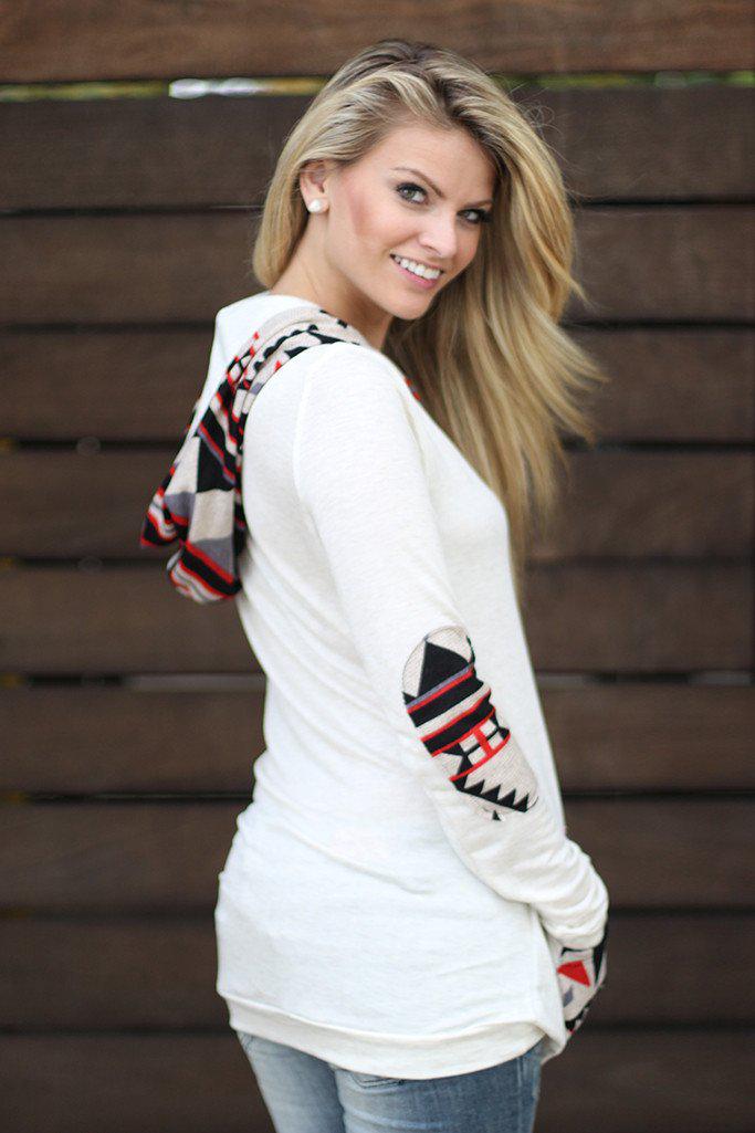 Soft Ivory Aztec Printed Hoodie with Front Pocket and Elbow Patches