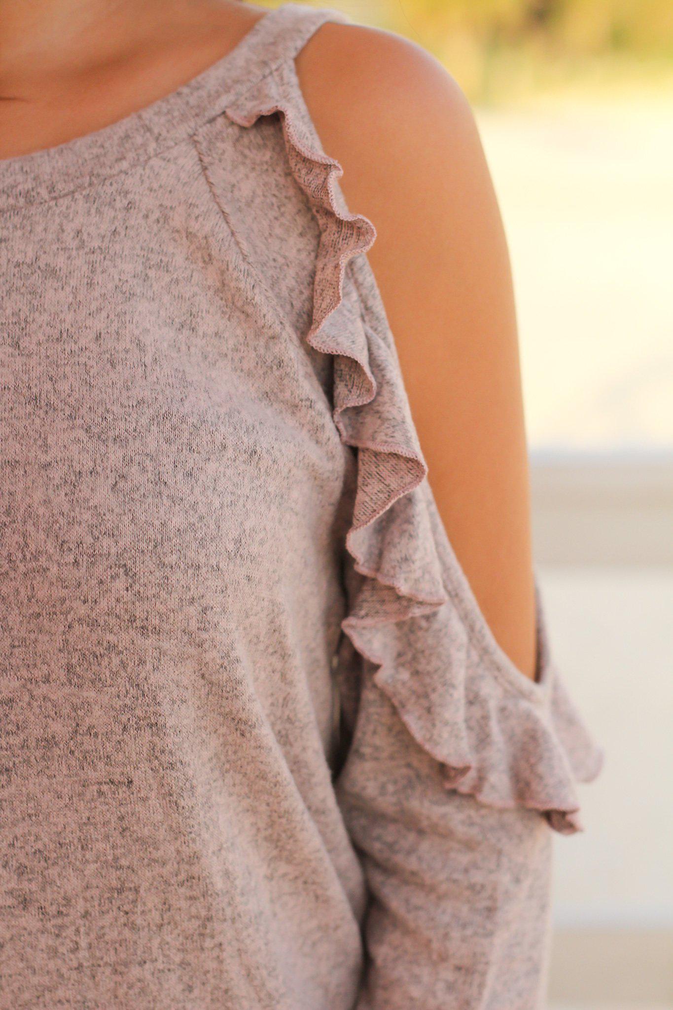 Stylish Mauve Women's Cold Shoulder Long Sleeve Top with Elegant Ruffle Detail