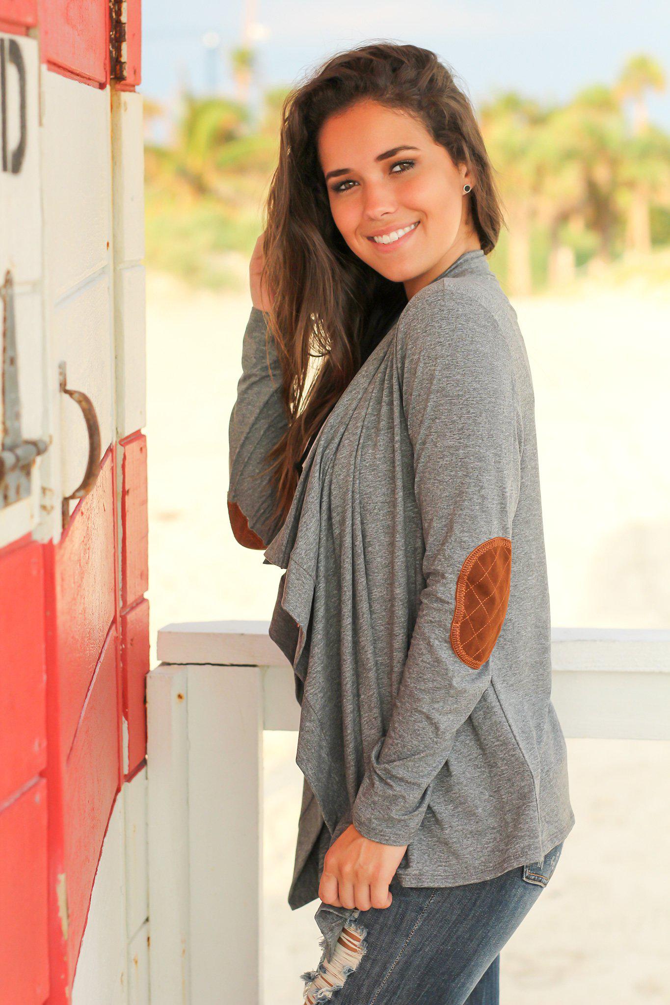 Stylish Charcoal Draped Cardigan with Adorable Elbow Patches