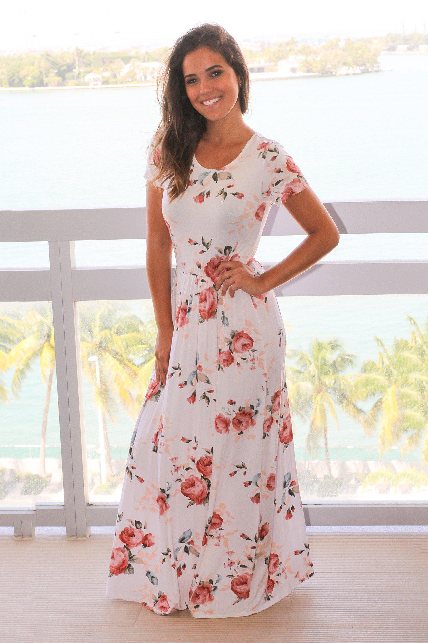 Elegant Ivory Floral Maxi Dress with Stylish Criss Cross Back Design