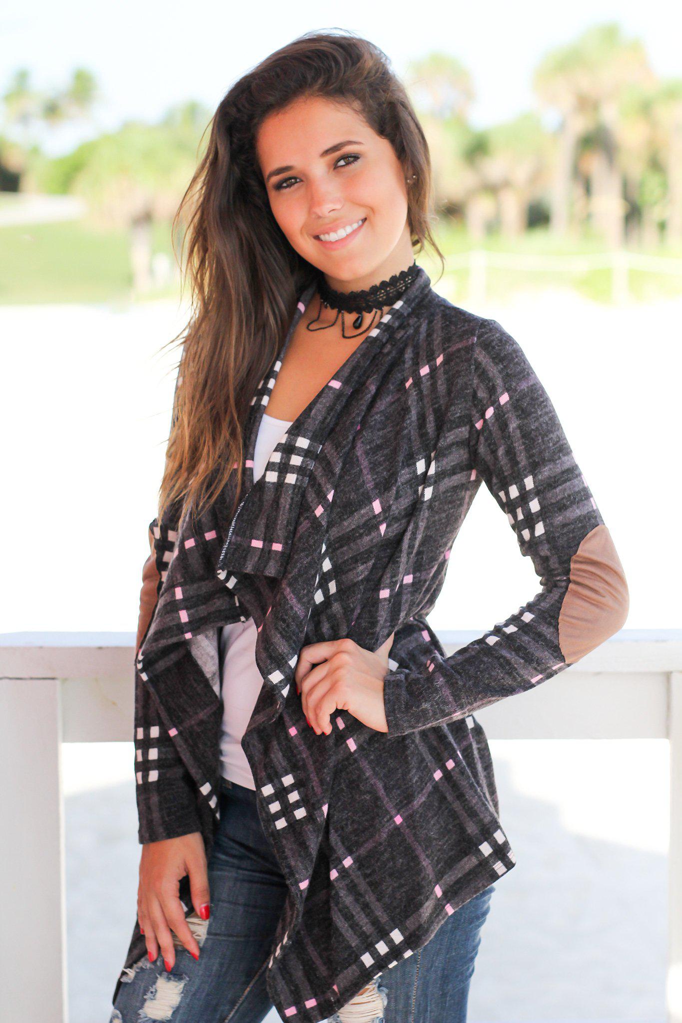 Stylish Charcoal Plaid Knitted Cardigan for Women with Faux Suede Elbow Patches