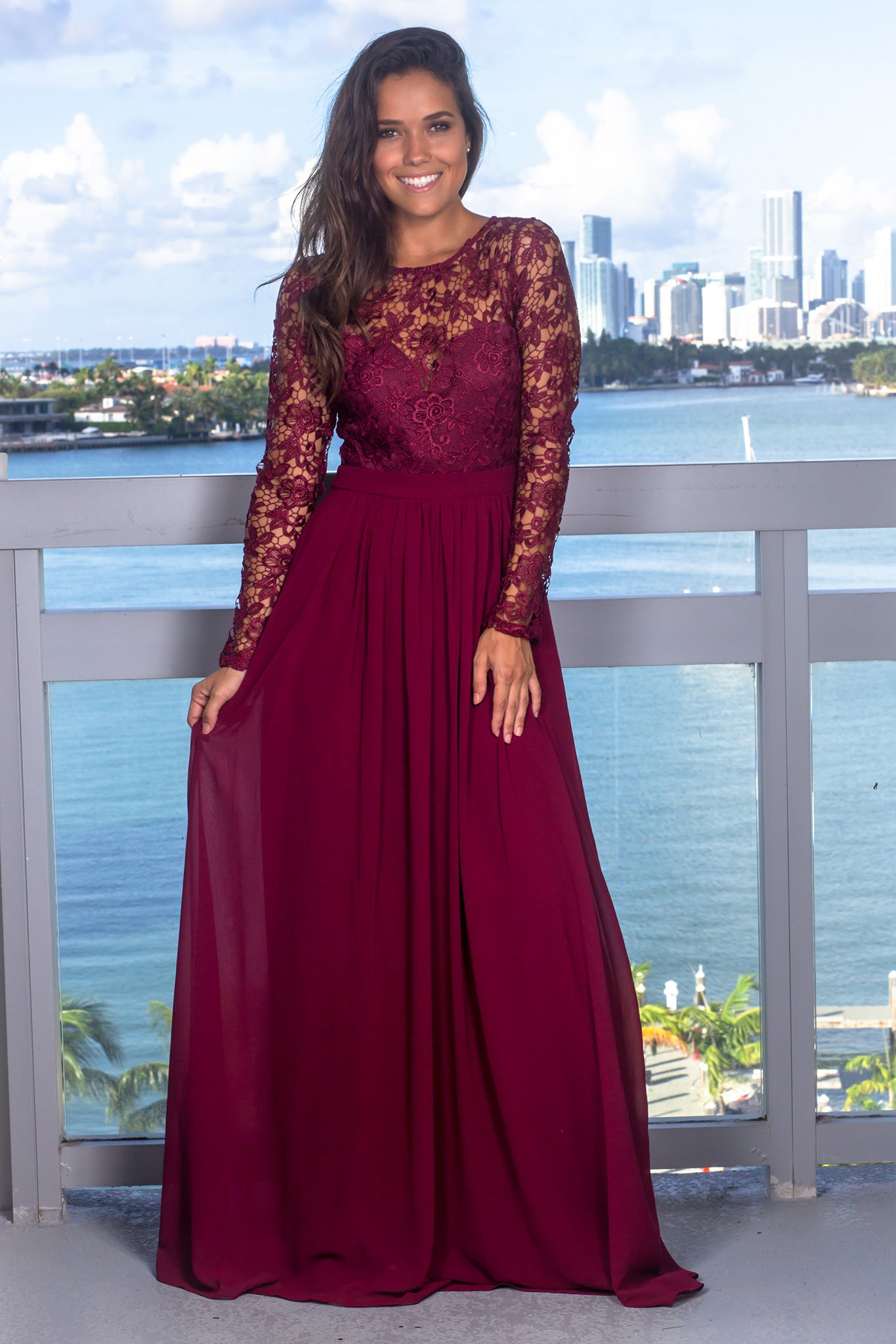 Stunning Burgundy Crochet - Detailed Long - Sleeve Top Maxi Dress with Back Lace - Up and Zipper