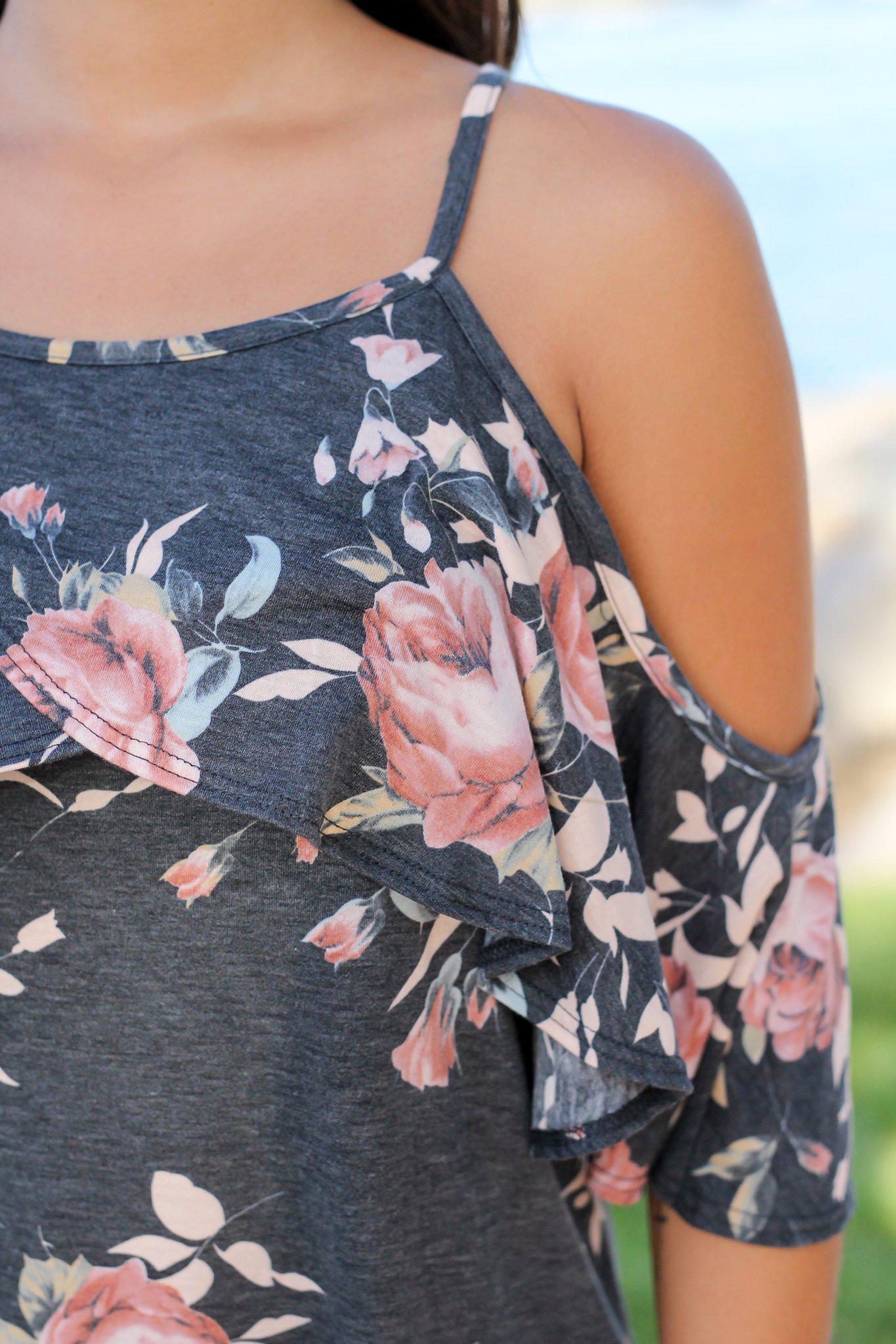 Stylish Charcoal Floral Cold - Shoulder Short Dress for Women's Night Out