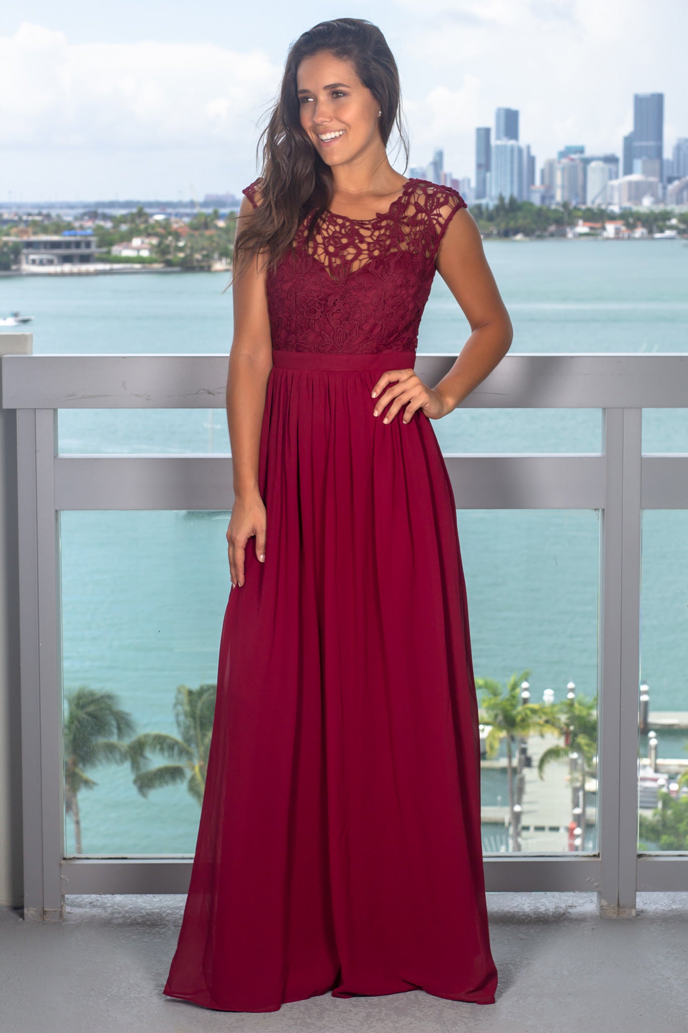 Elegant Burgundy Crochet and Tulle Back Women's Maxi Dress for Special Occasions