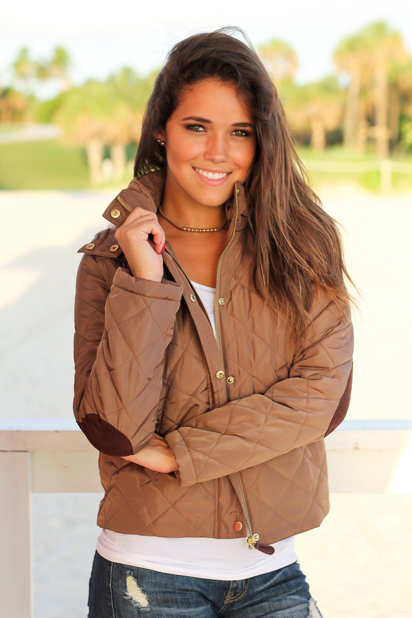 Stylish Camel Quilted Jacket with Ivory Faux Fur Lined Hood and Brown Elbow Patches