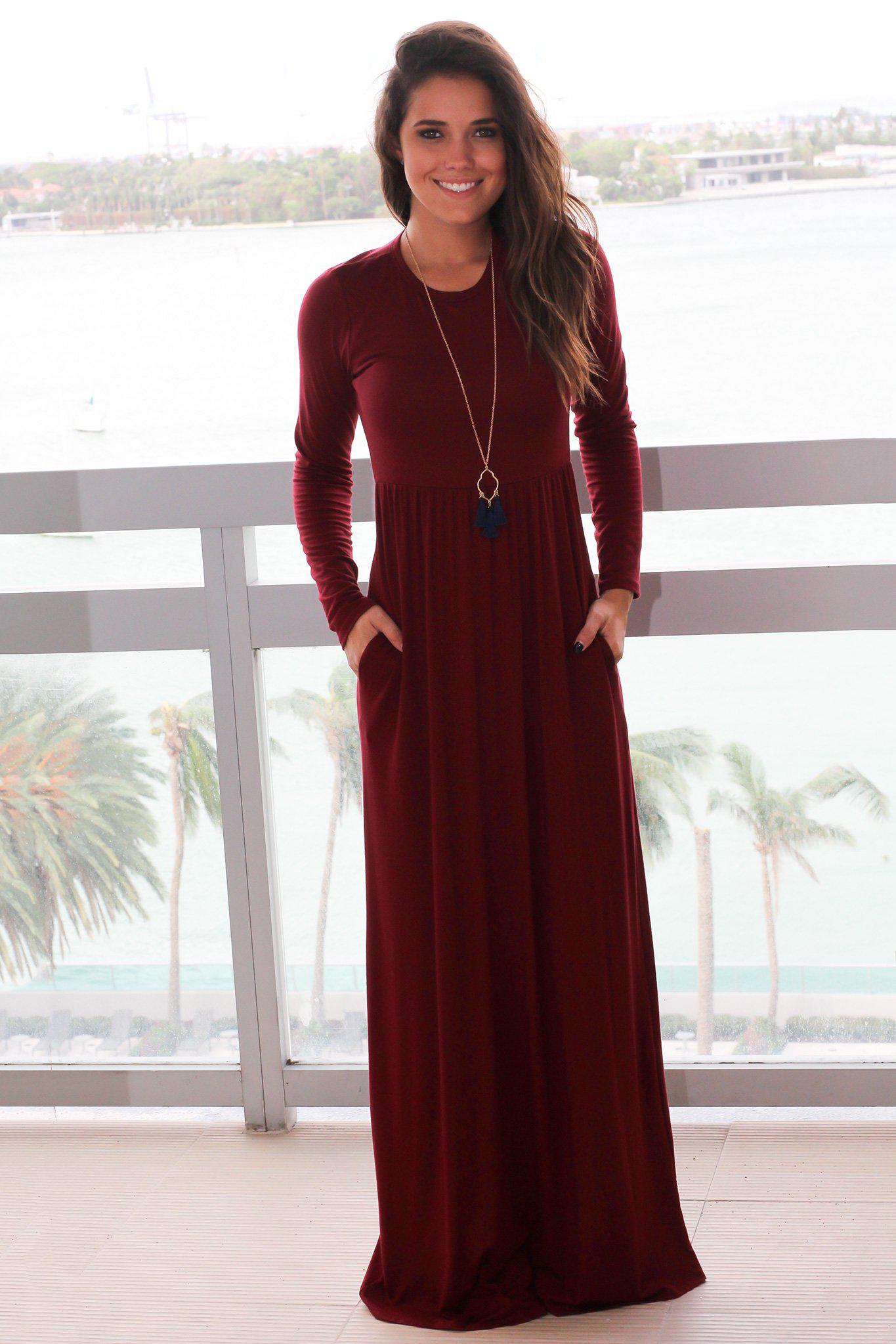 Stylish Burgundy Long - Sleeve Maxi Dress with Convenient Pockets