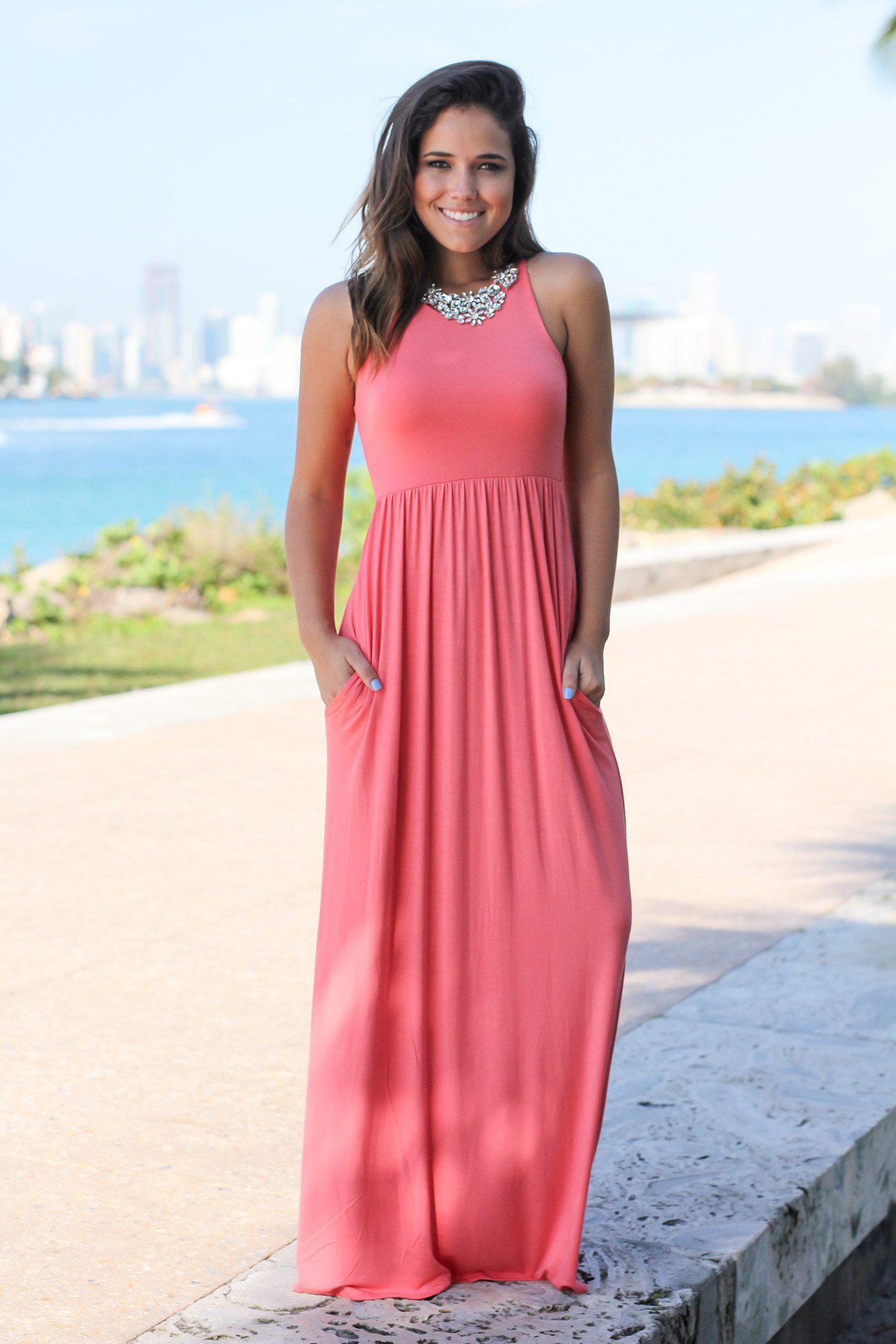 Comfy Light Coral Maxi Dress with Practical Pockets