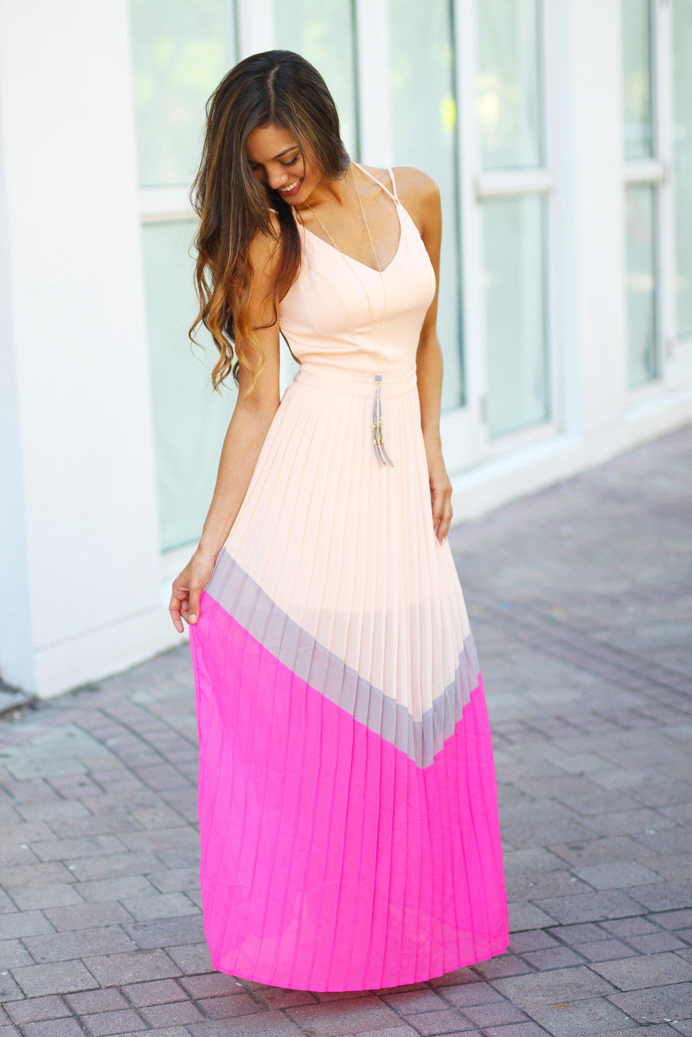 Gorgeous Light Peach Chevron Pleated Floor-Length Maxi Dress for Women