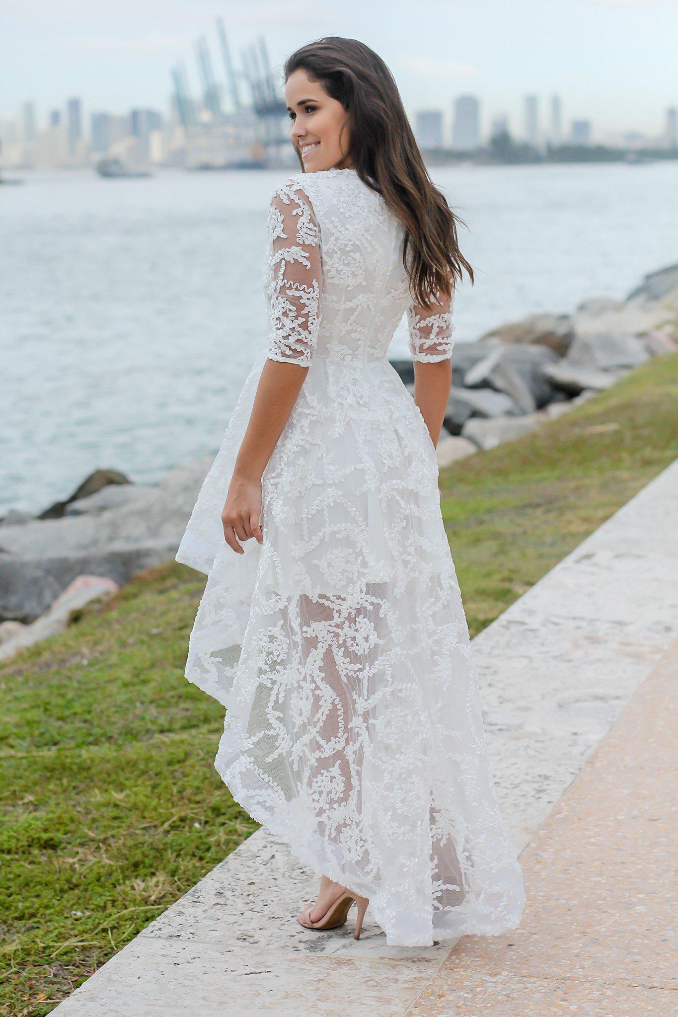Stunning Ivory 3/4 Sleeve High Low Style Dress