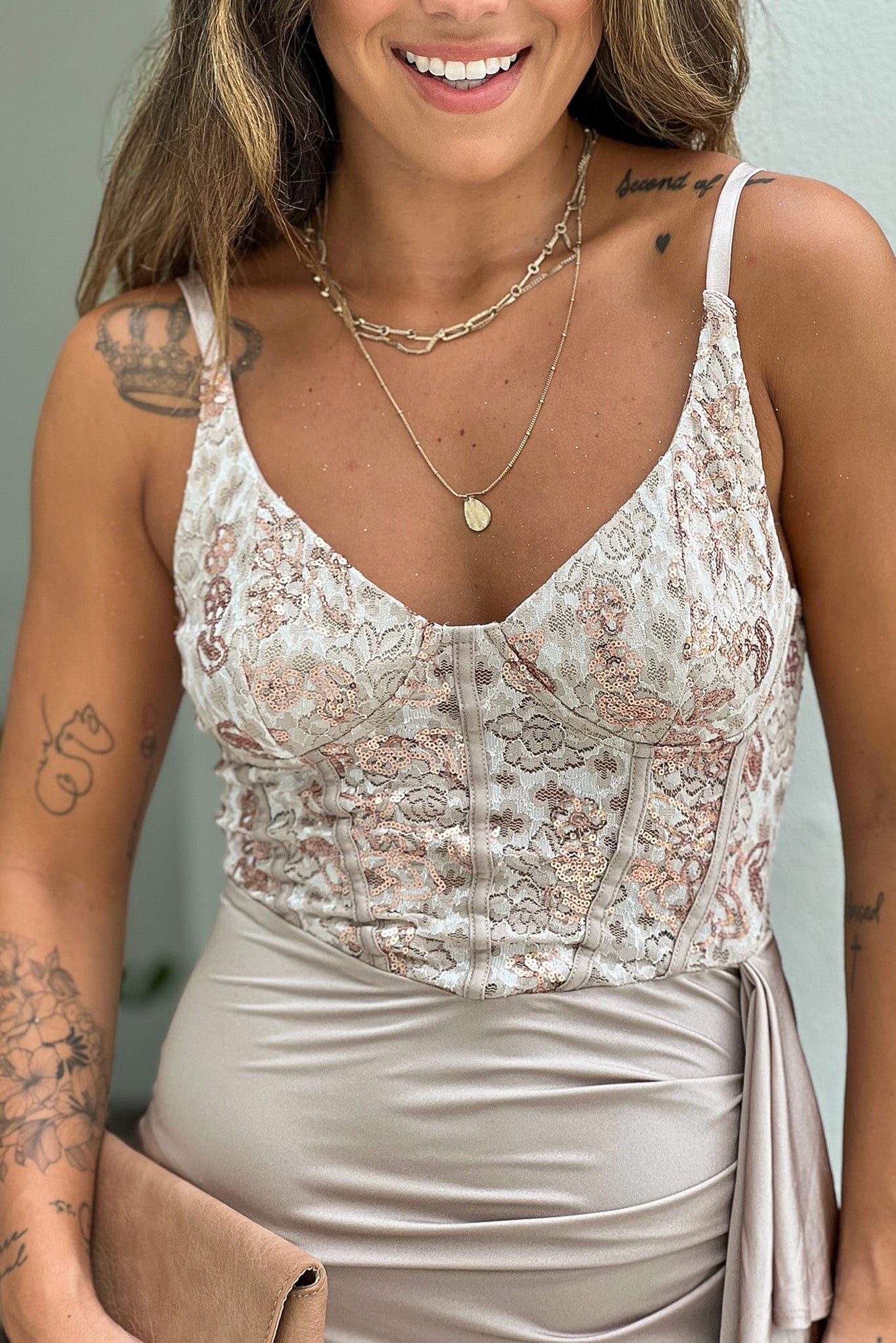 Gorgeous Champagne Sequin Corset Top Maxi Dress with Side Slit