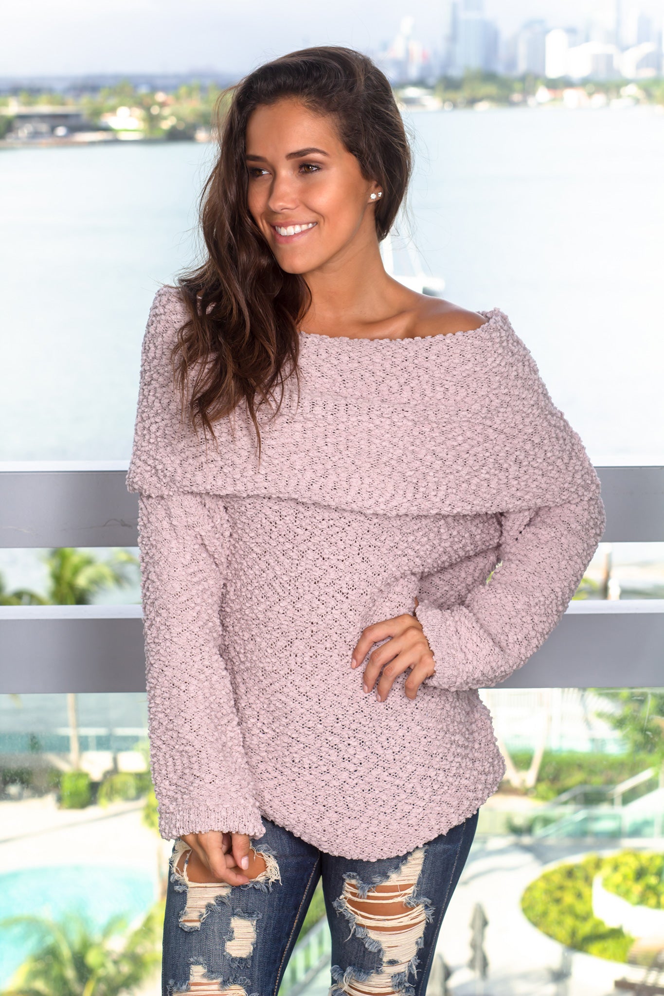 Stylish Light Mauve Oversized Off-Shoulder Tunic Sweater