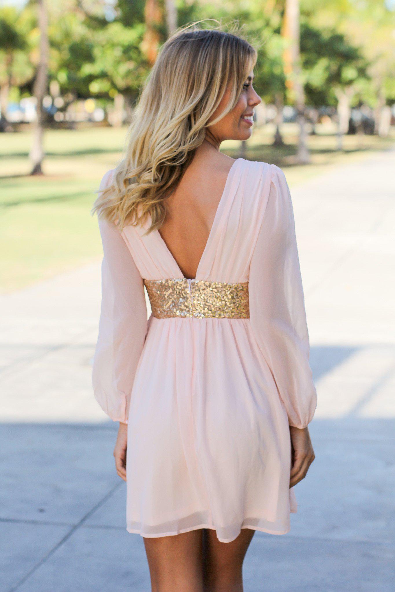 Charming Light Pink Short Dress with Sparkling Sequined Waist