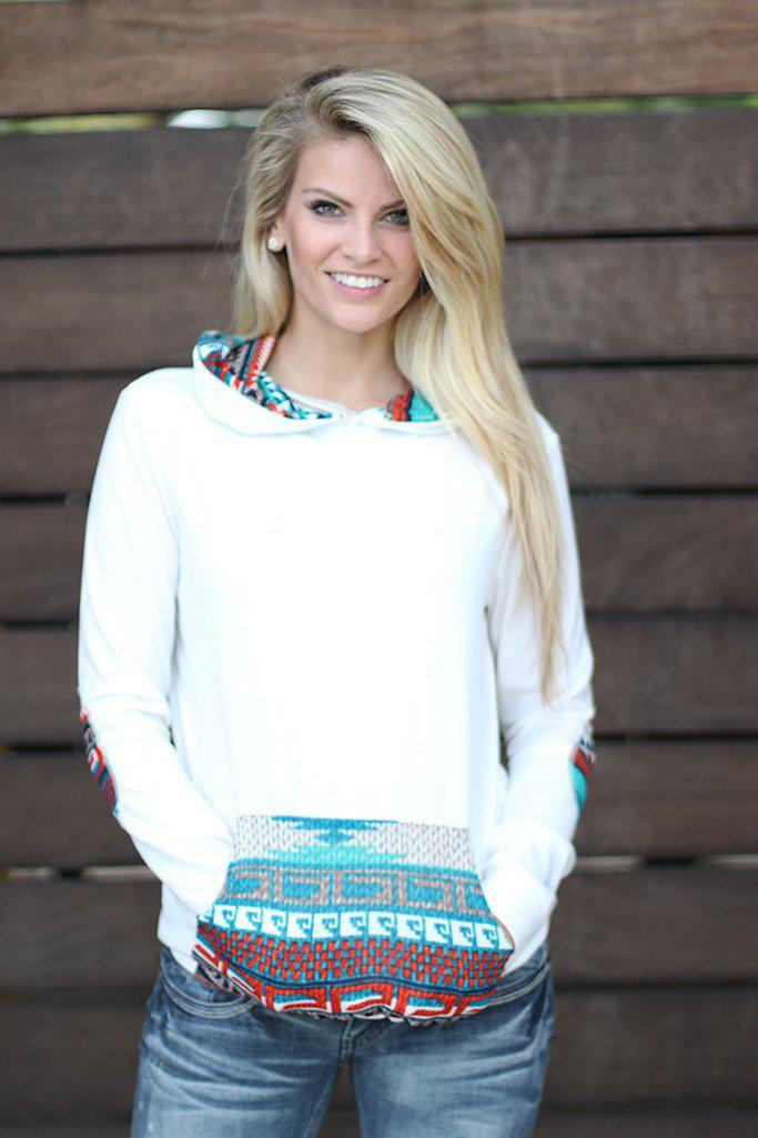 Super Soft Ivory and Teal Print Hoodie with Pocket and Elbow Patches