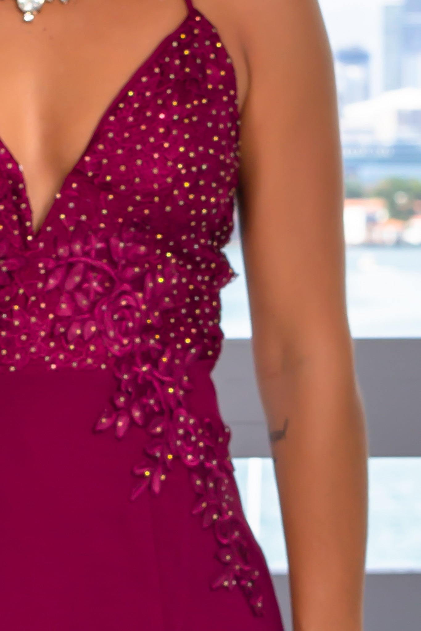 Gorgeous Burgundy Women's Rhinestone-Embellished Top Maxi Dress for Special Events