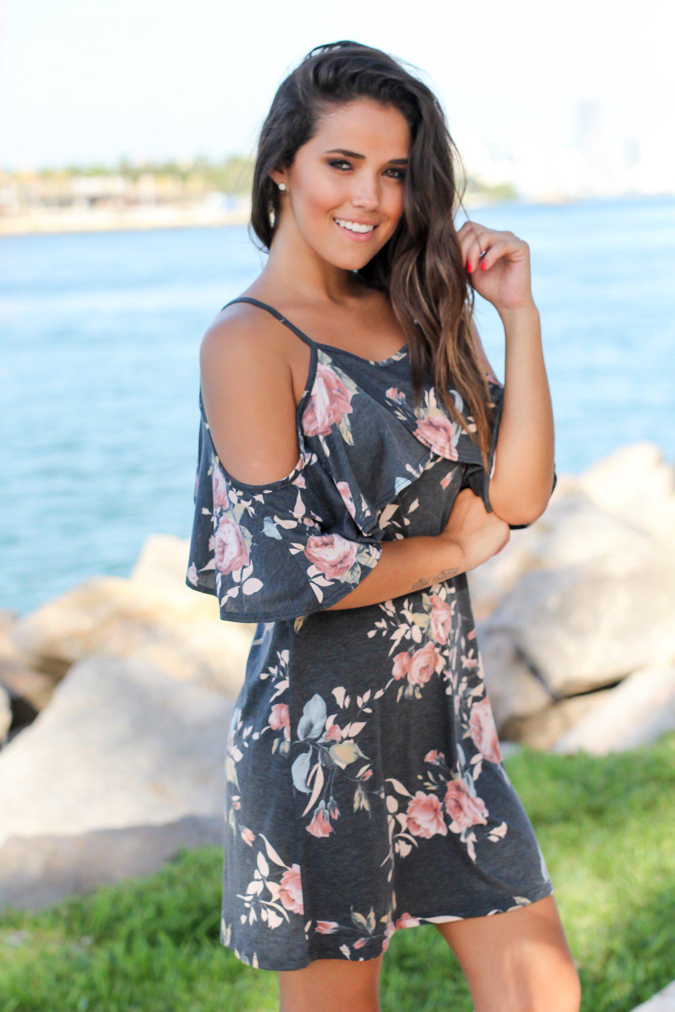 Stylish Charcoal Floral Cold - Shoulder Short Dress for Women's Night Out