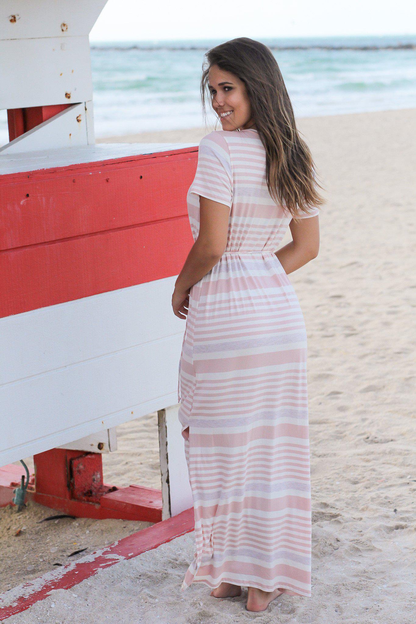 Stylish Blush Striped Women's Maxi Dress with Fashionable Side Slits